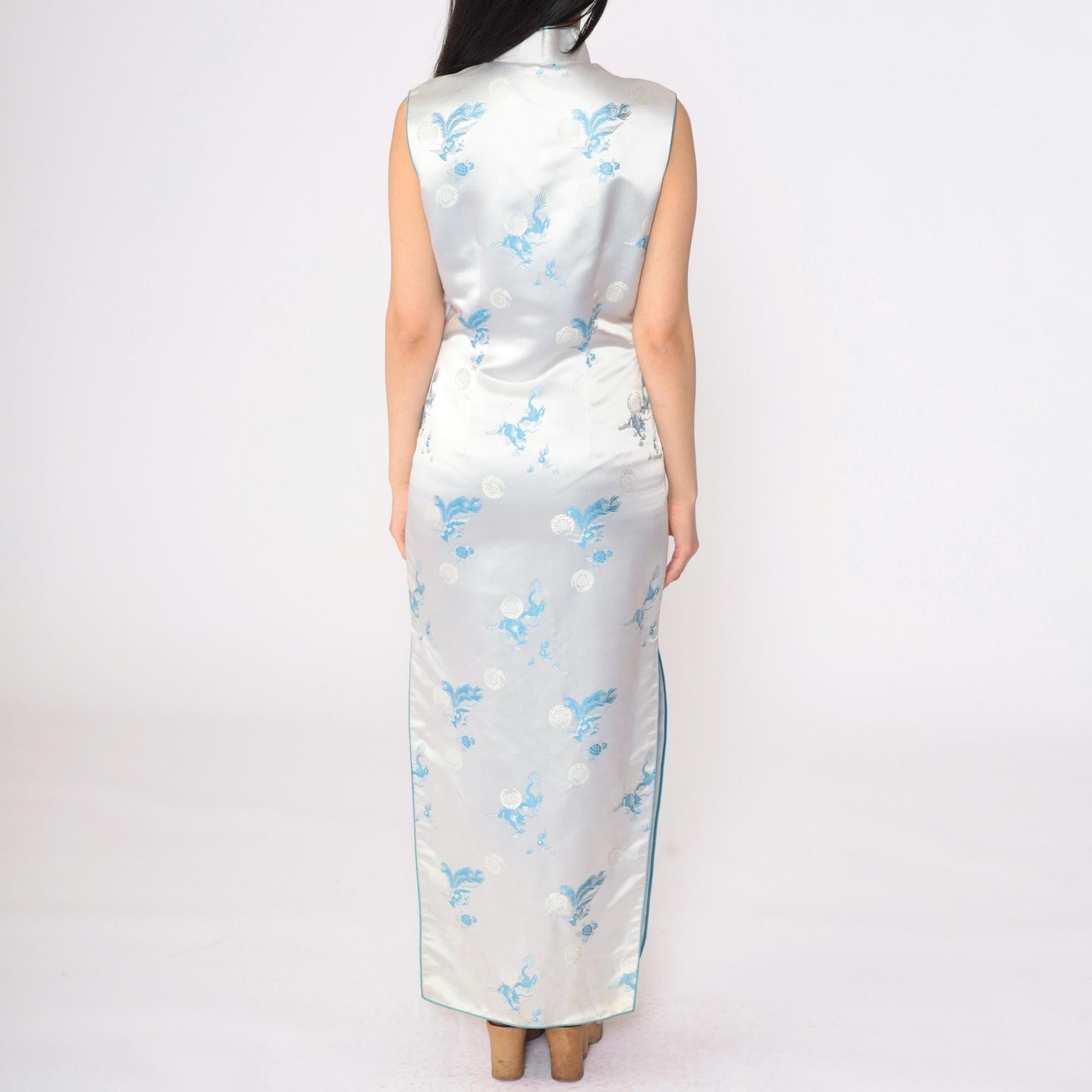 80s Light Blue Satin Cheongsam Maxi Dress Dragon Peacock Brocade Mandarin Collar Small S