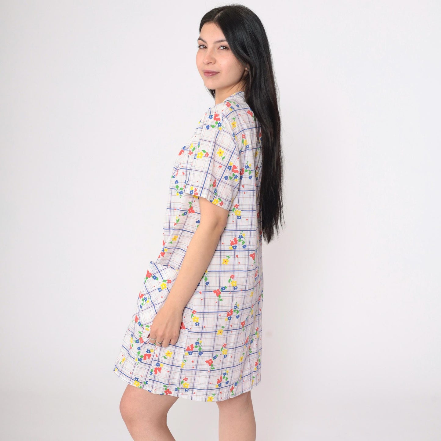 70s White Floral Shift Dress Mini Length Front Zip Pockets Large