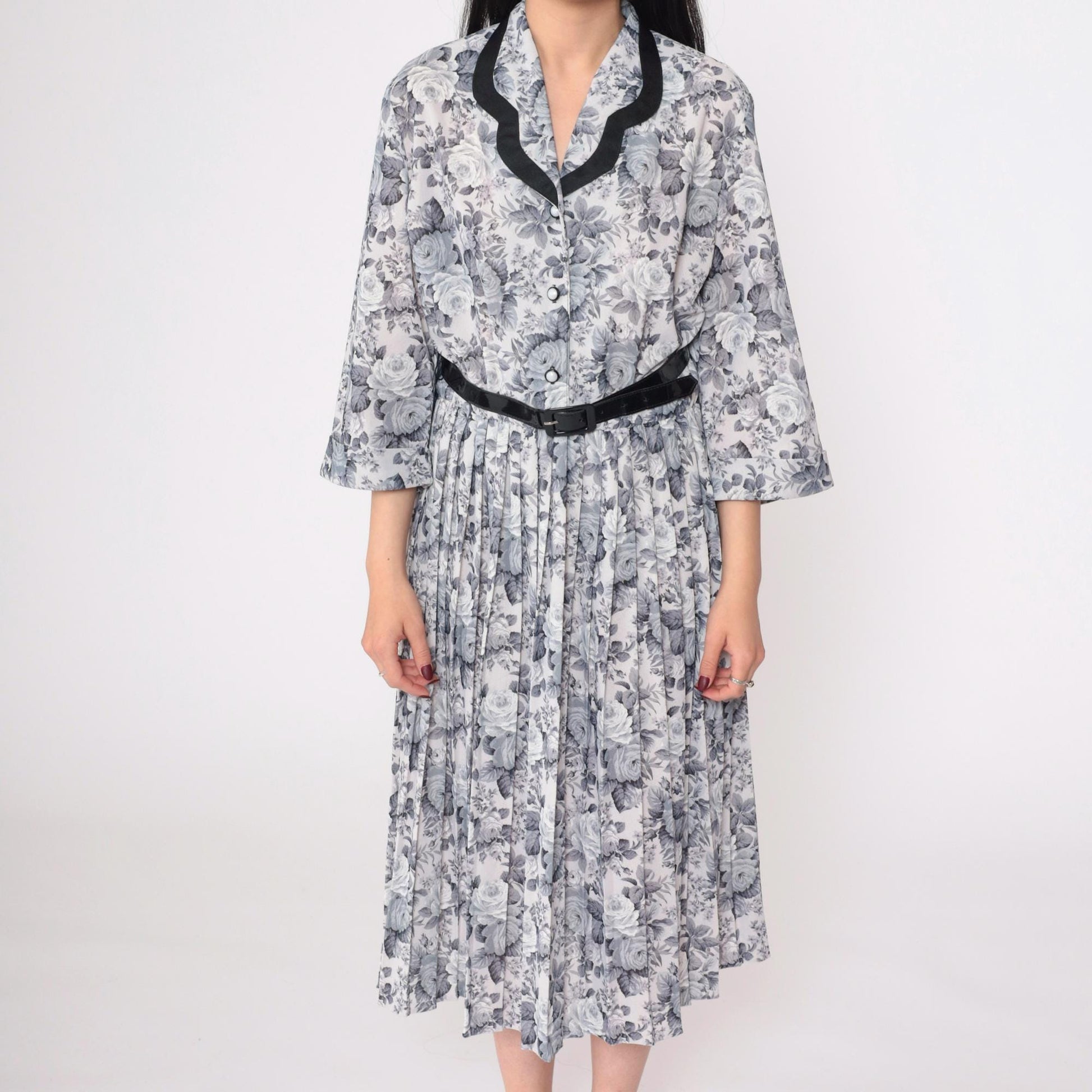80s Grey Floral Midi Shirtdress Pleated High Waist Button Up 3/4 Sleeve Large