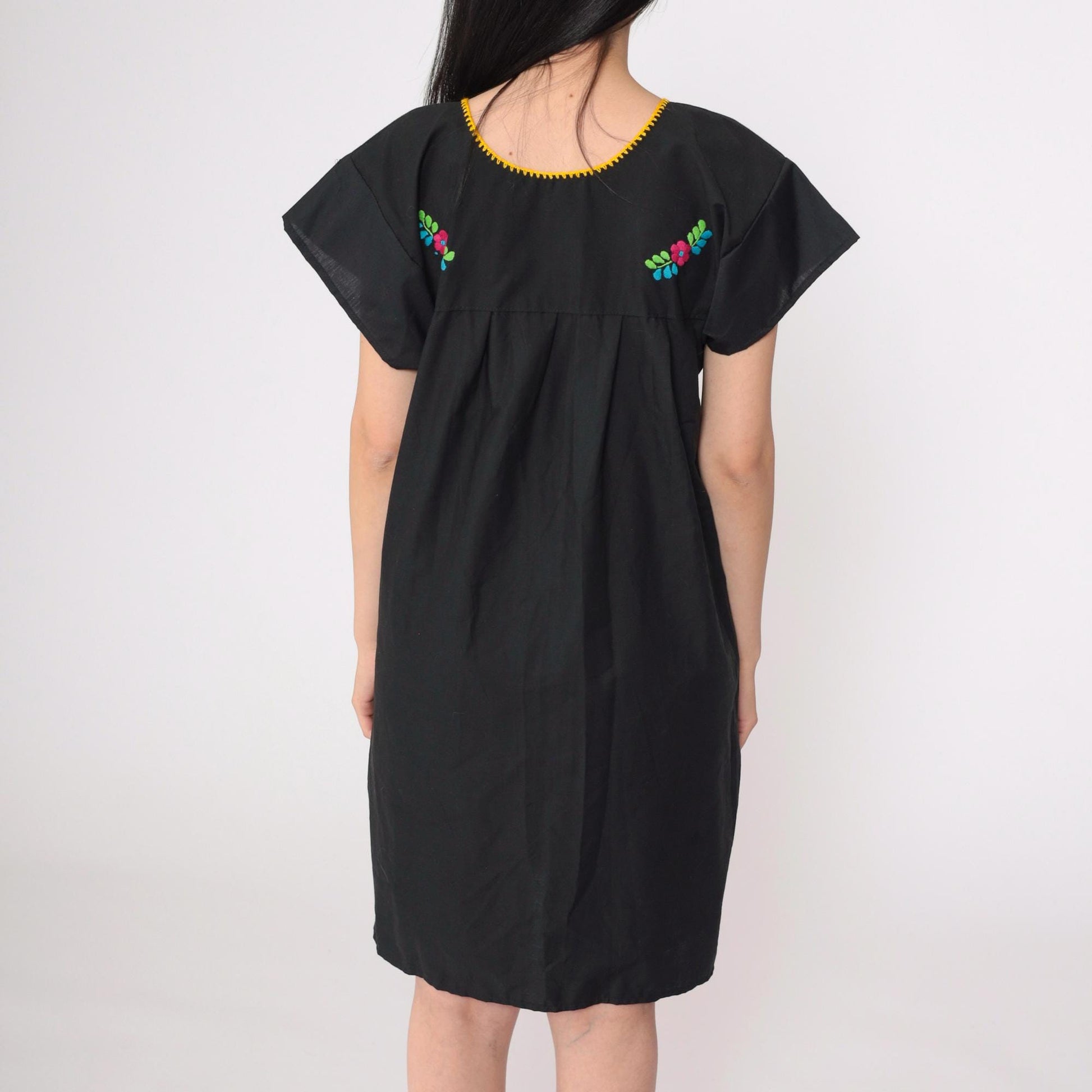 90s Black Mexican Embroidered Cotton Tunic Mini Dress Floral Small