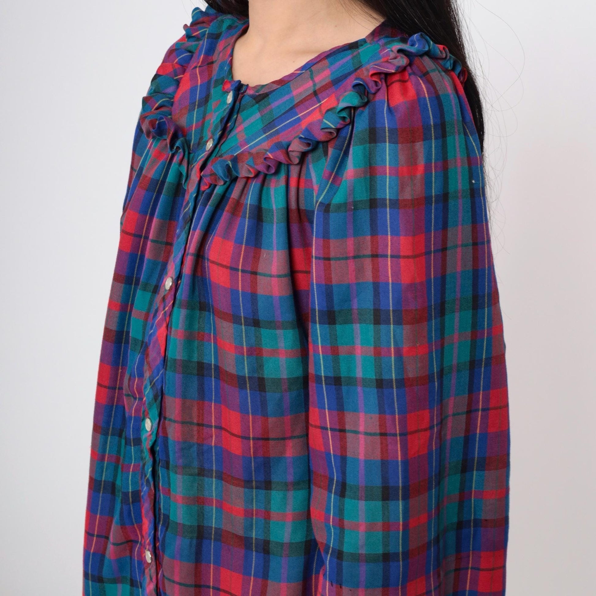 80s Plaid Button-Up Nightgown Red Blue Green Ruffled Yoke Long Sleeve Large