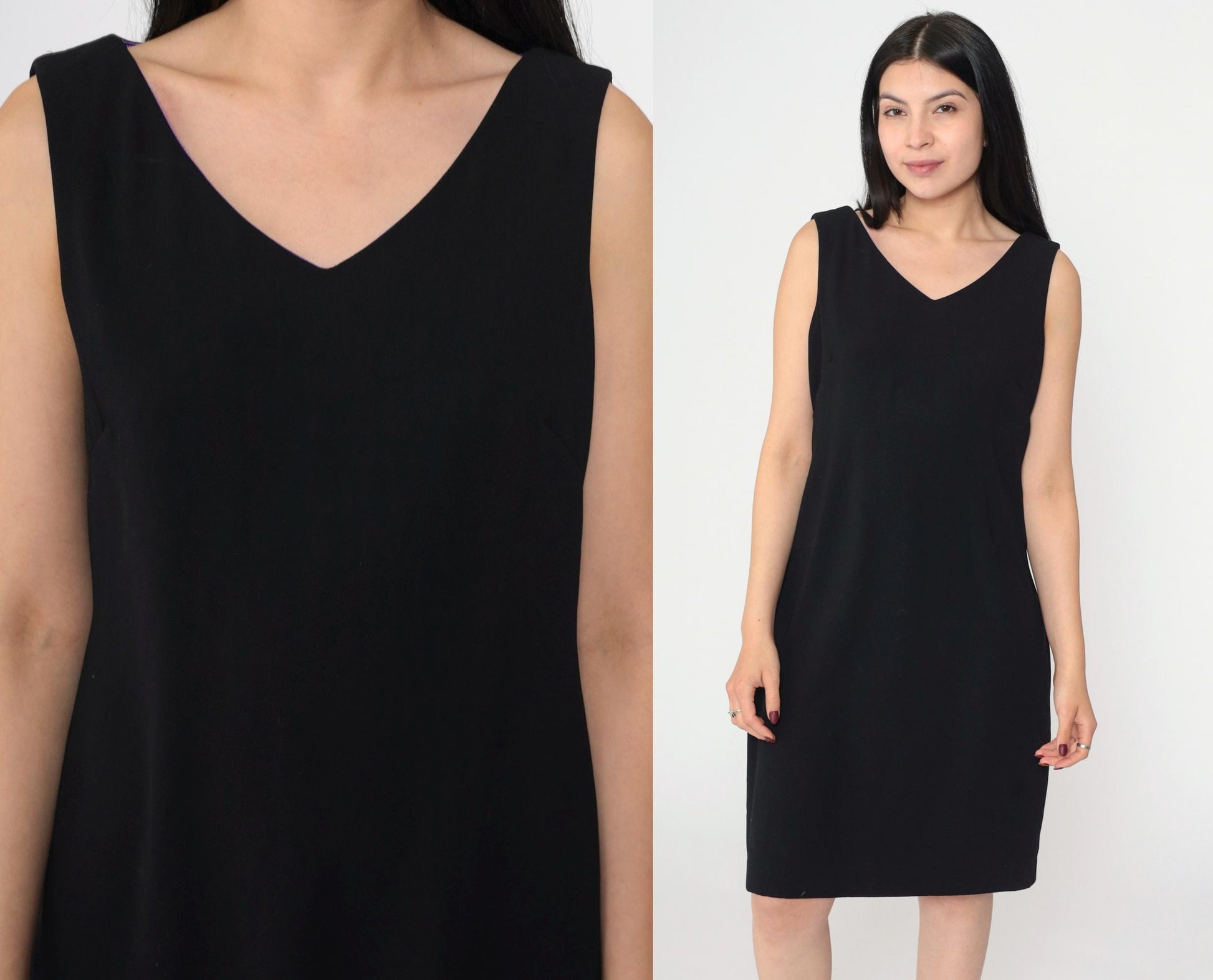 90s Black Shift Dress V-Neck Sleeveless Mini Solid Medium 8