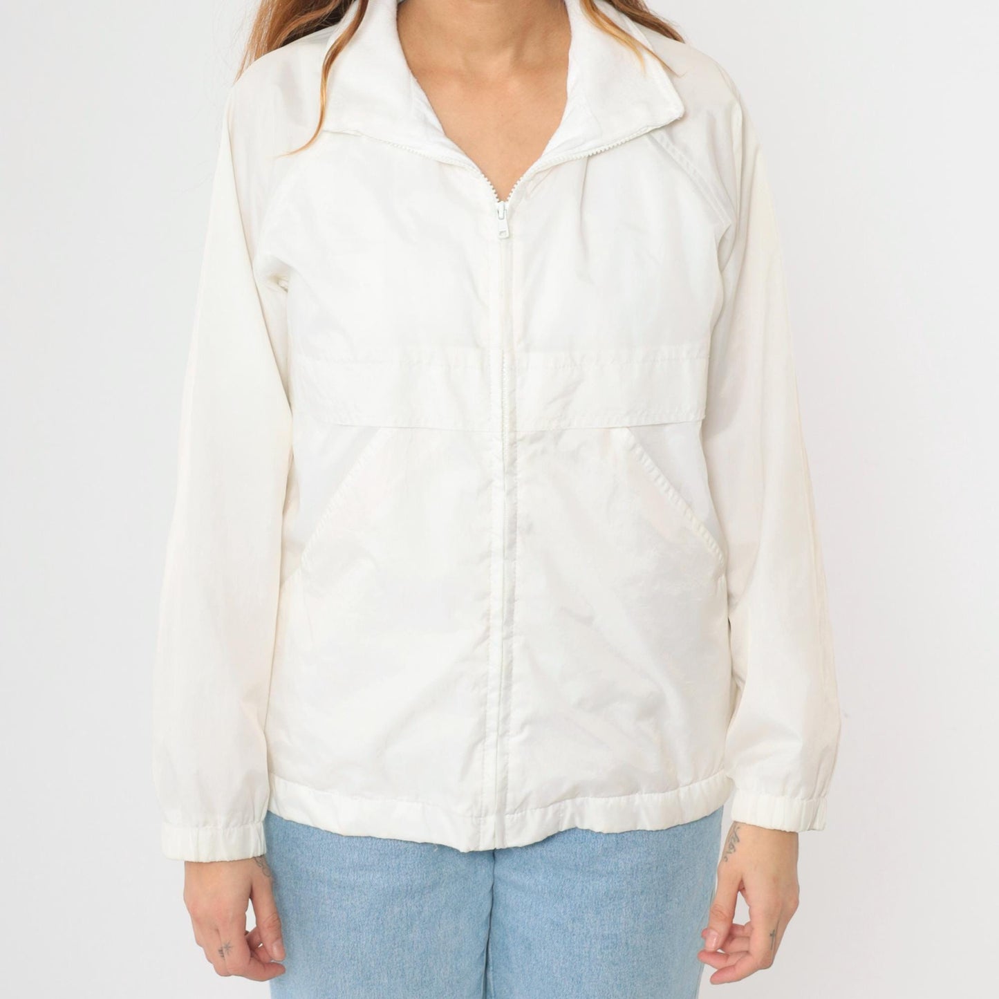 80s White Nylon Windbreaker Jacket Zip Up Raglan Sleeve Small S