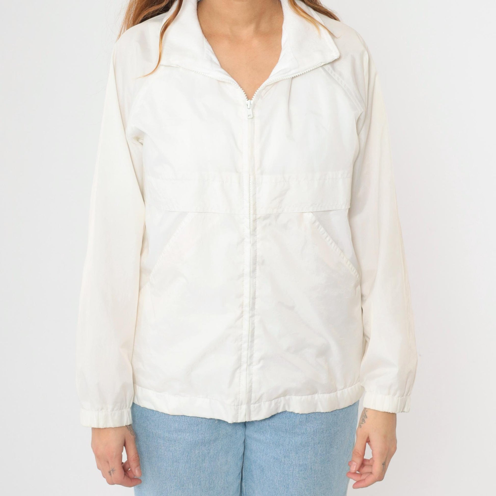 80s White Nylon Windbreaker Jacket Zip Up Raglan Sleeve Small S