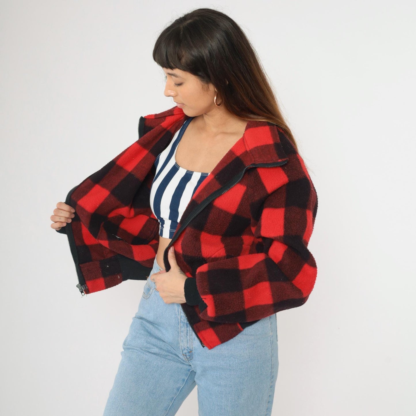 90s Buffalo Plaid Polar Fleece Zip Jacket Red Black Check Medium