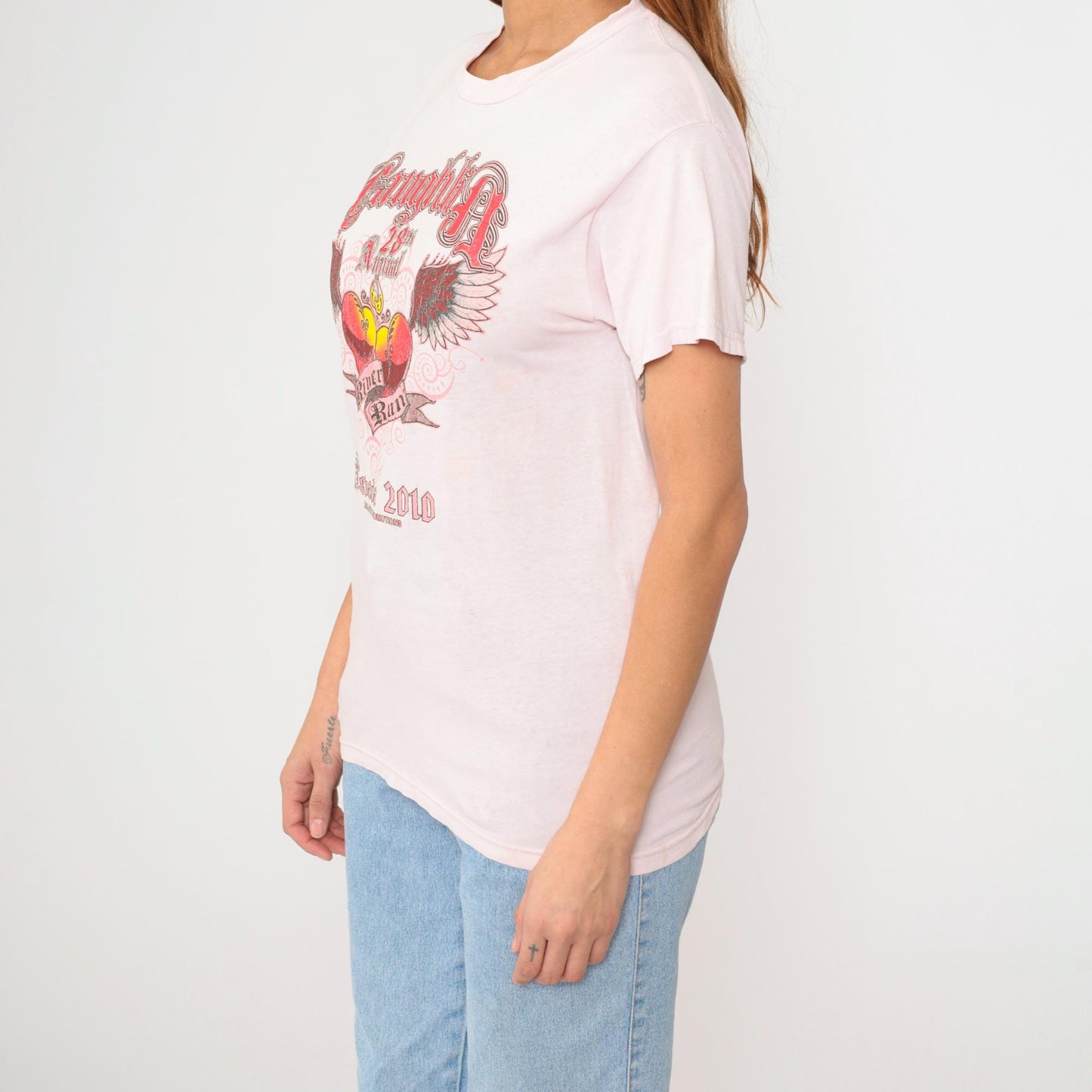 Laughlin River Run Winged Heart Flame Graphic T-Shirt Pink Small S