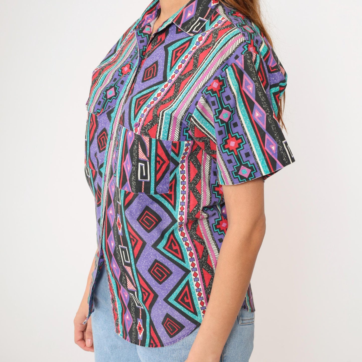 90s Wrangler Southwestern Striped Button-Up Shirt Purple Short Sleeve Small