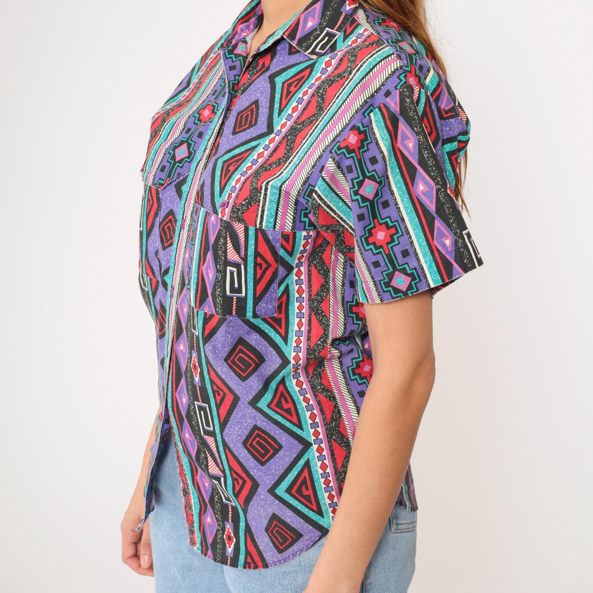90s Wrangler Southwestern Striped Button-Up Shirt Purple Short Sleeve Small