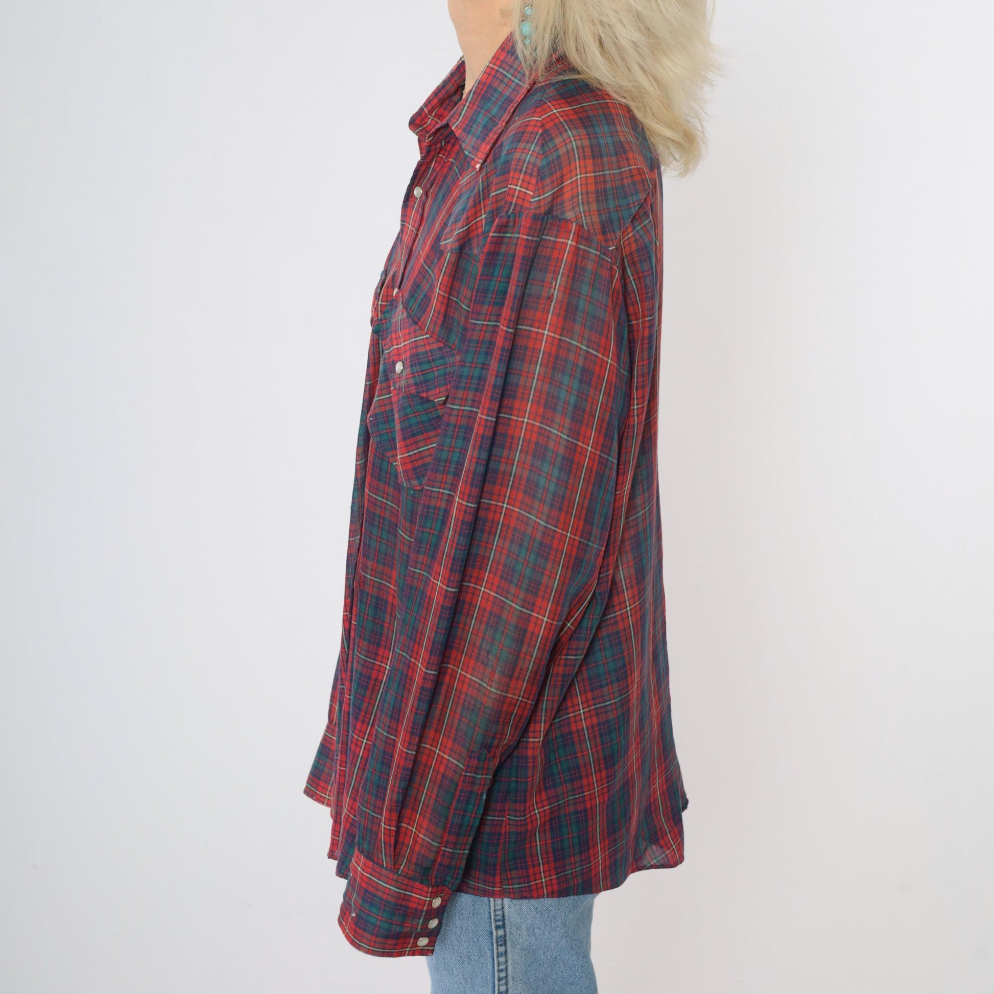 80s Western Pearl Snap Shirt Plaid Paint Splatter Distressed Large L