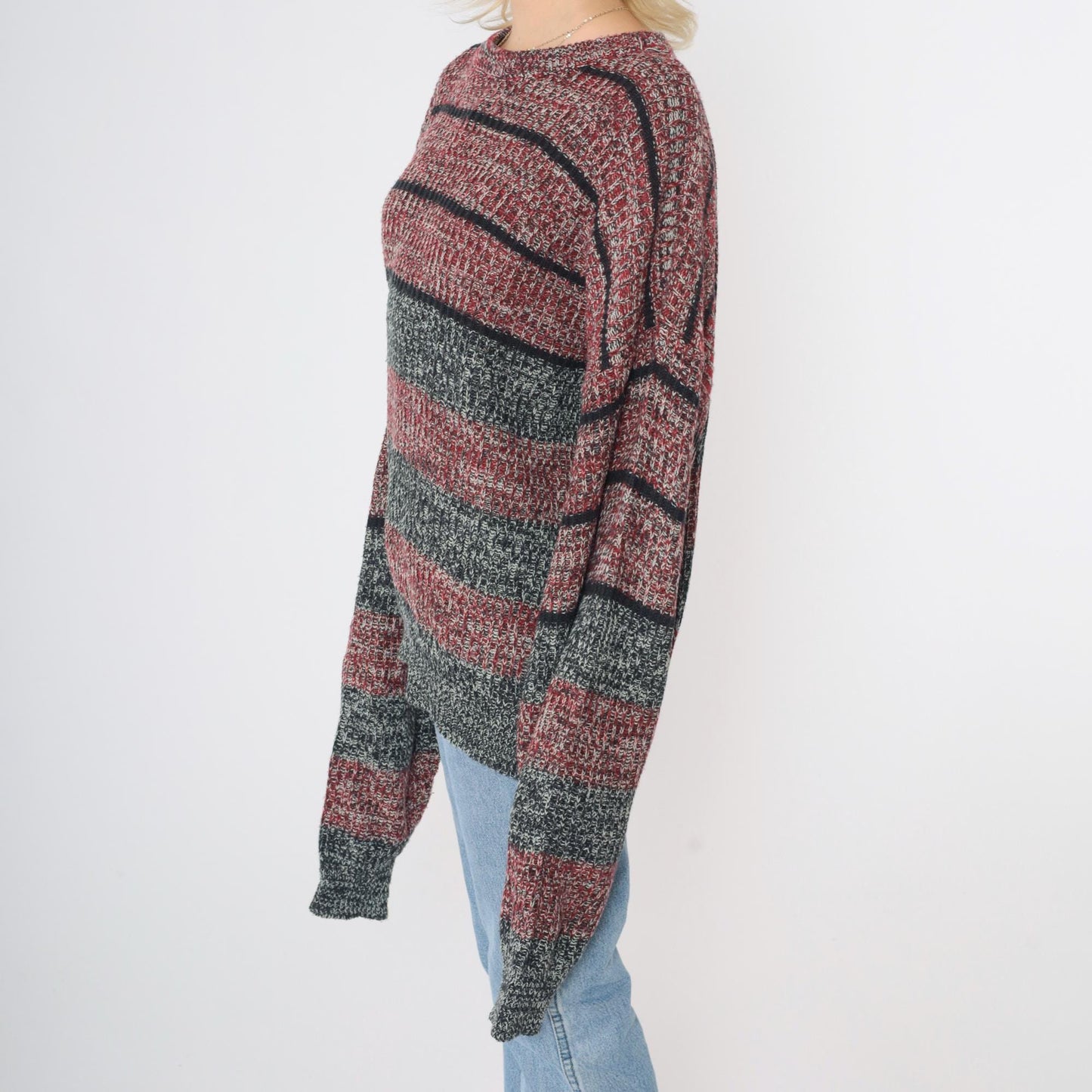 80s Wrangler Striped Knit Sweater Red Black Marled Crewneck Extra Large XL