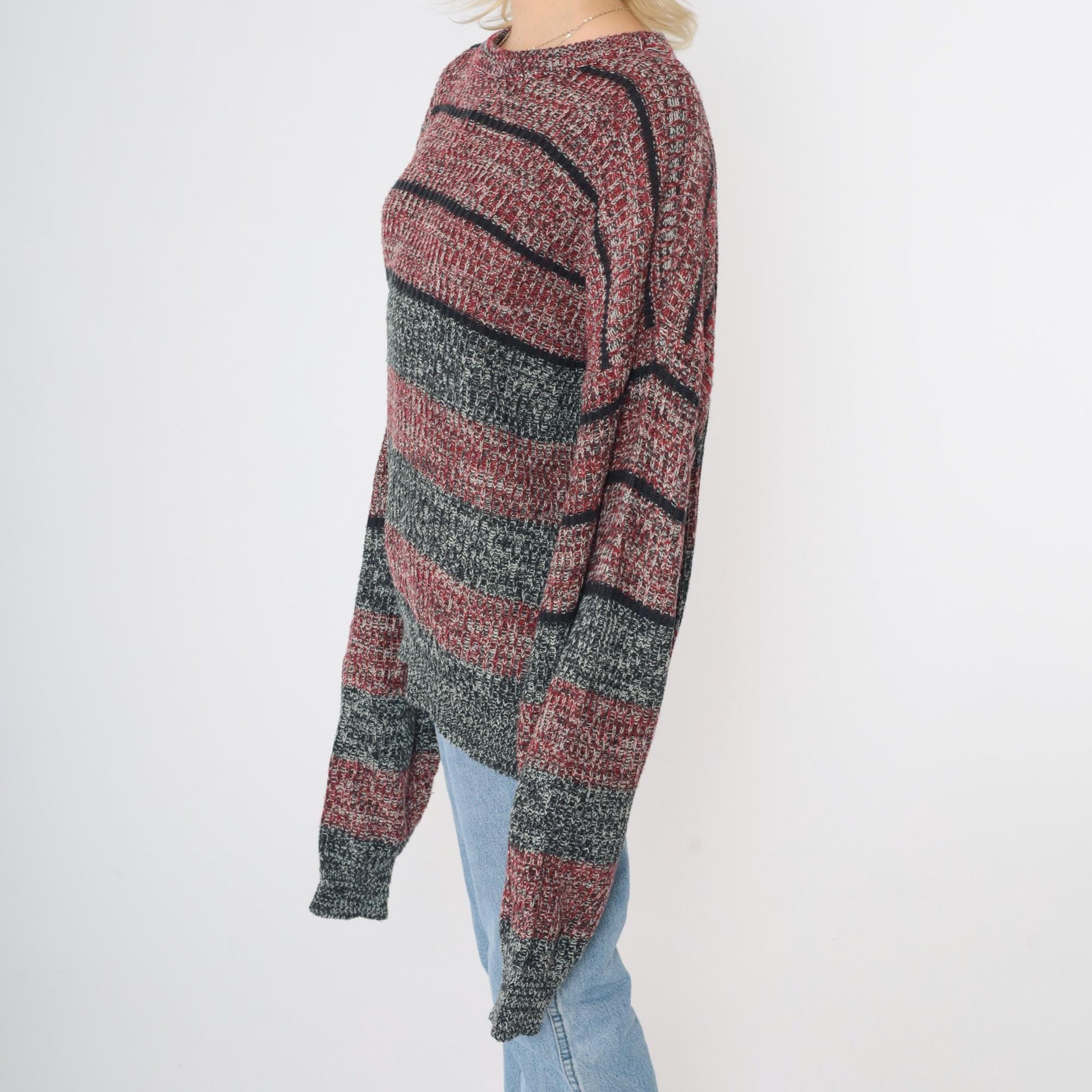 80s Wrangler Striped Knit Sweater Red Black Marled Crewneck Extra Large XL