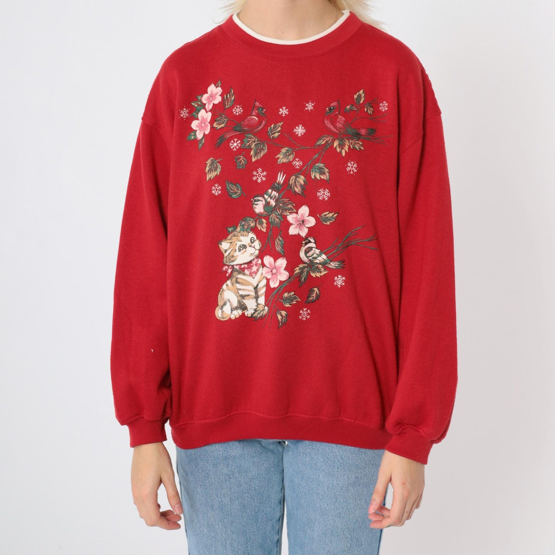 90s Cat Cardinal Sweatshirt Red Kitten Cherry Blossom Graphic Crewneck Medium M