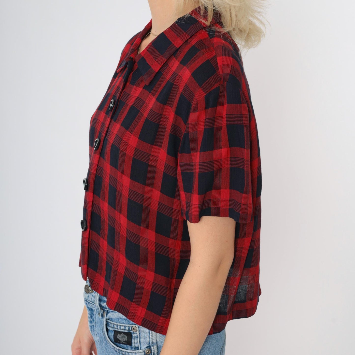 90s Jessica Howard Red Black Checkered Button-Up Blouse Short Sleeve Medium M