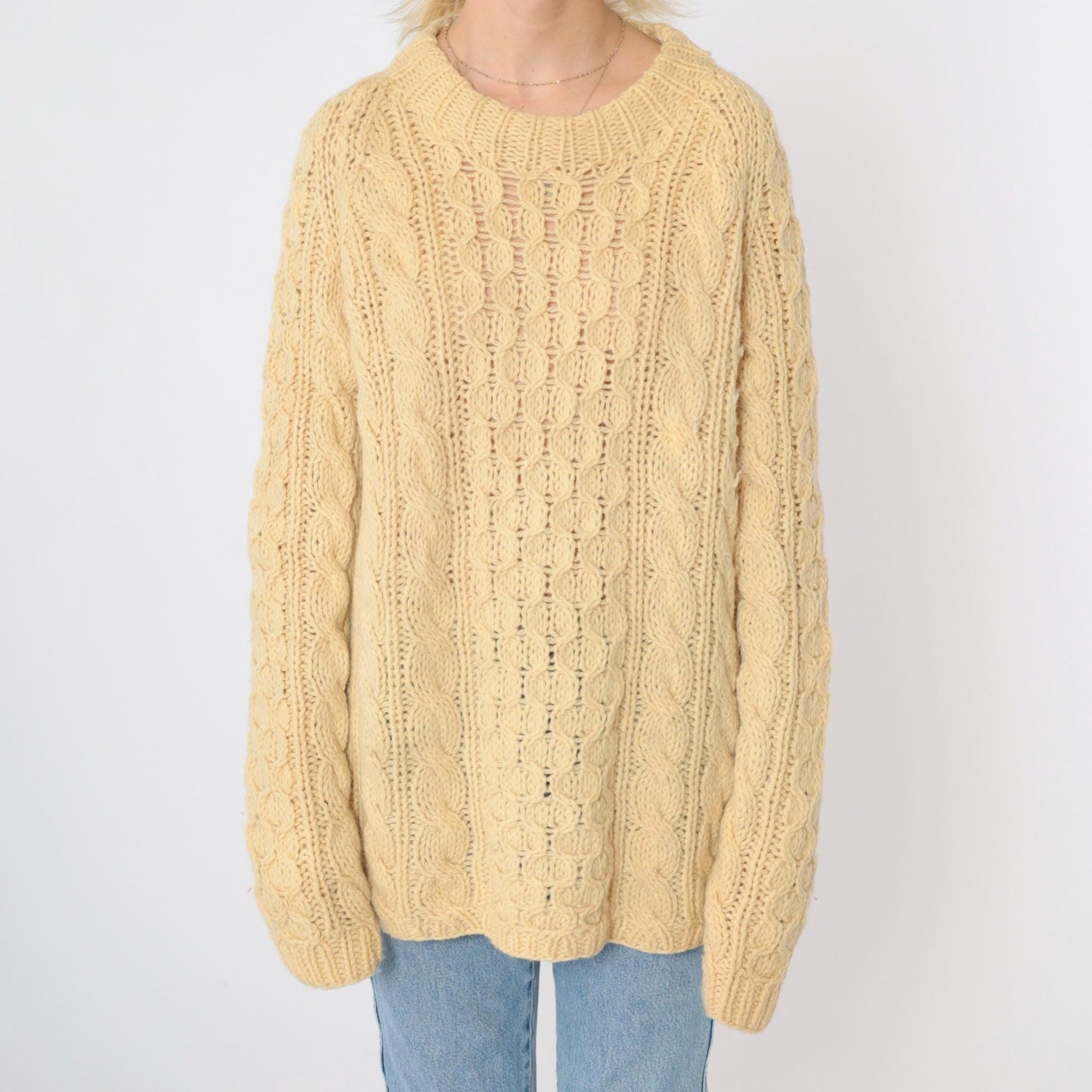 80s Yellow Cable Knit Sweater Crewneck Pullover Semi-Sheer Large L