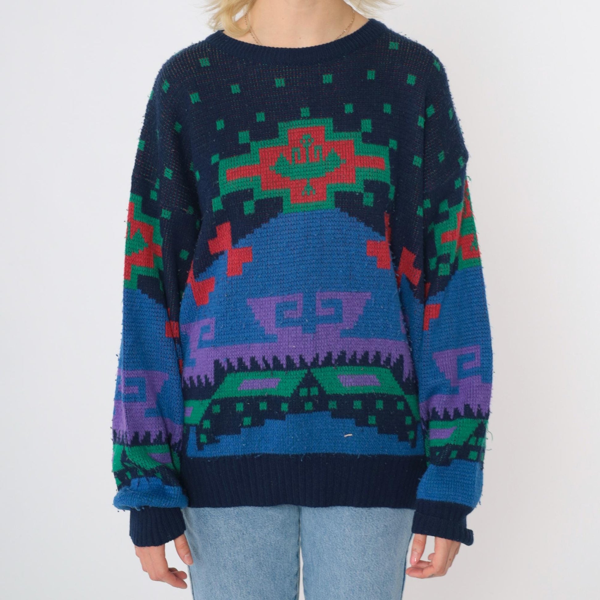 80s Sergio Geometric Sweater Navy Blue Red Green Abstract Crewneck Medium