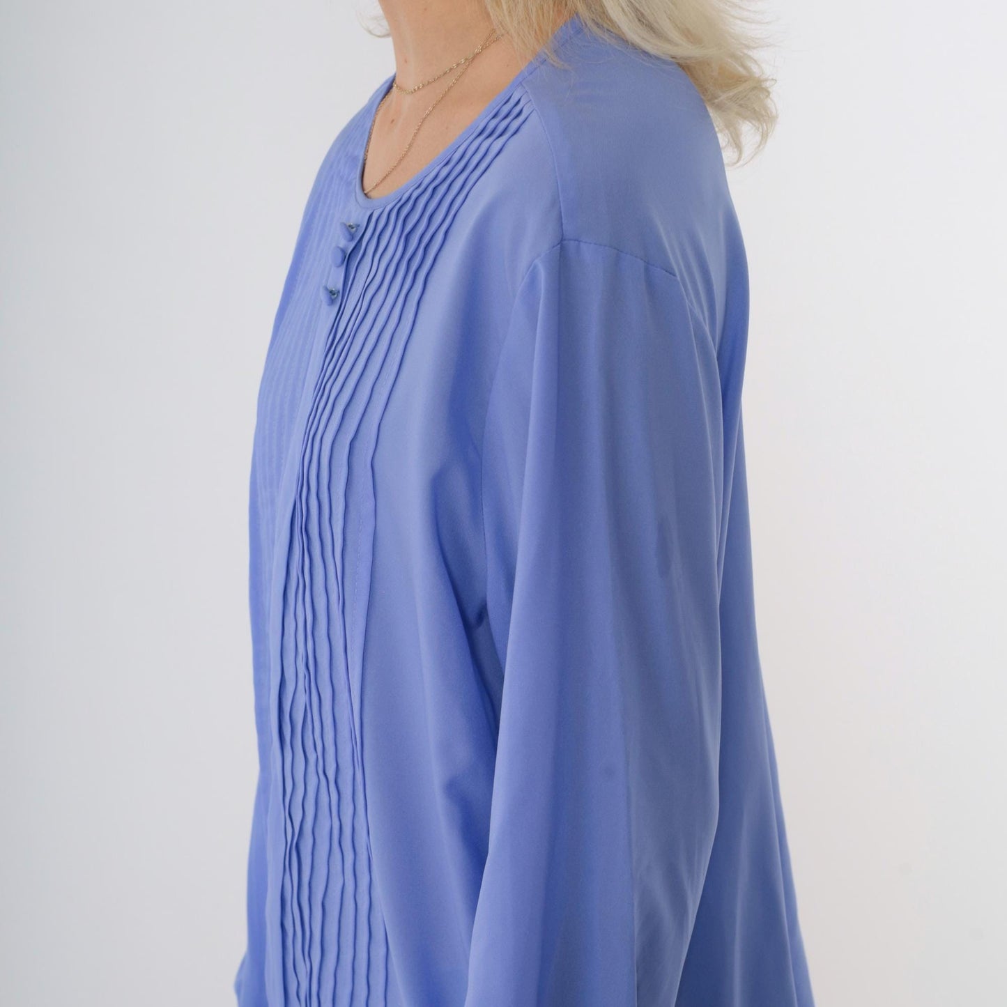 80s Periwinkle Pleated Blouse Long Sleeve Button Front Shirt Large