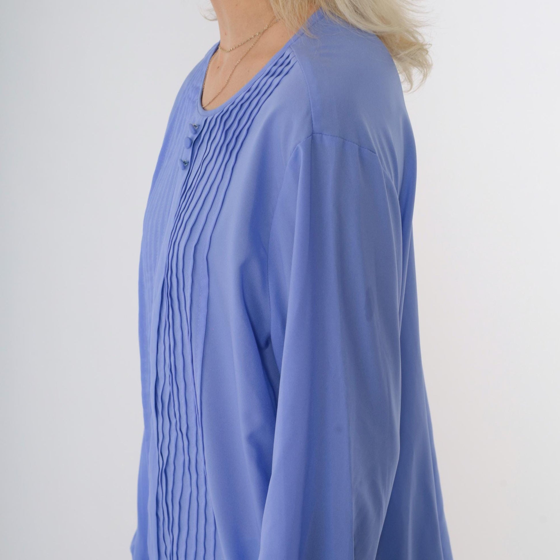 80s Periwinkle Pleated Blouse Long Sleeve Button Front Shirt Large