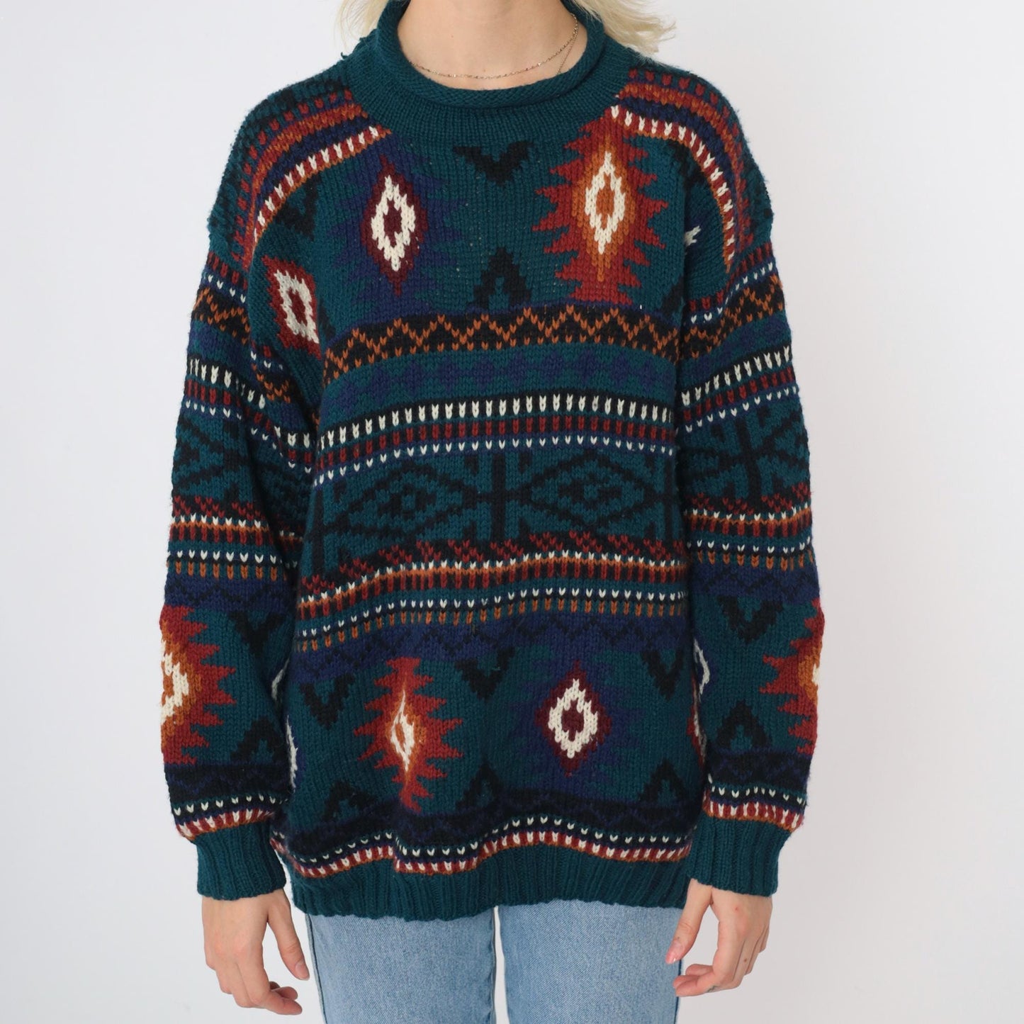 90s Early Winters Wool Southwestern Sweater Teal Geometric Roll Neck Medium M