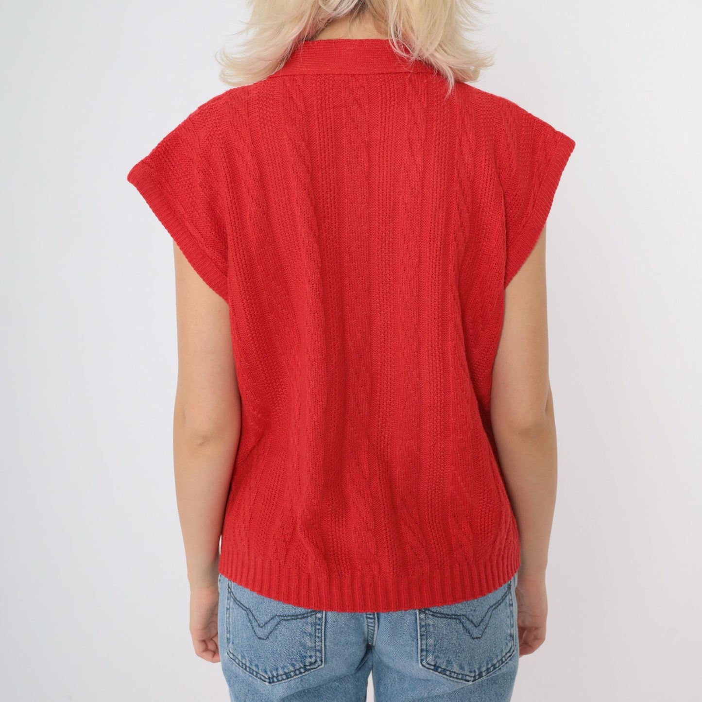 80s Red Cable Knit Vest Button-Up Cap Sleeve Top Medium Large
