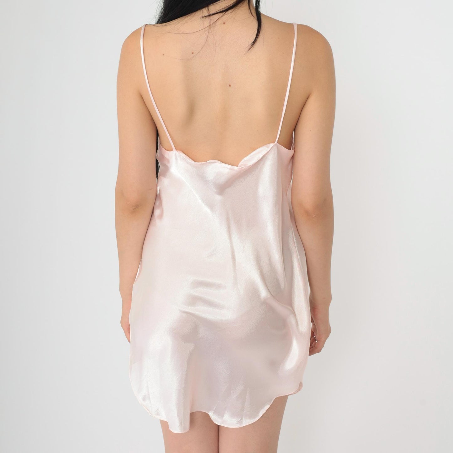 90s Baby Pink Satin Slip Dress V-Neck Spaghetti Strap Mini Medium M