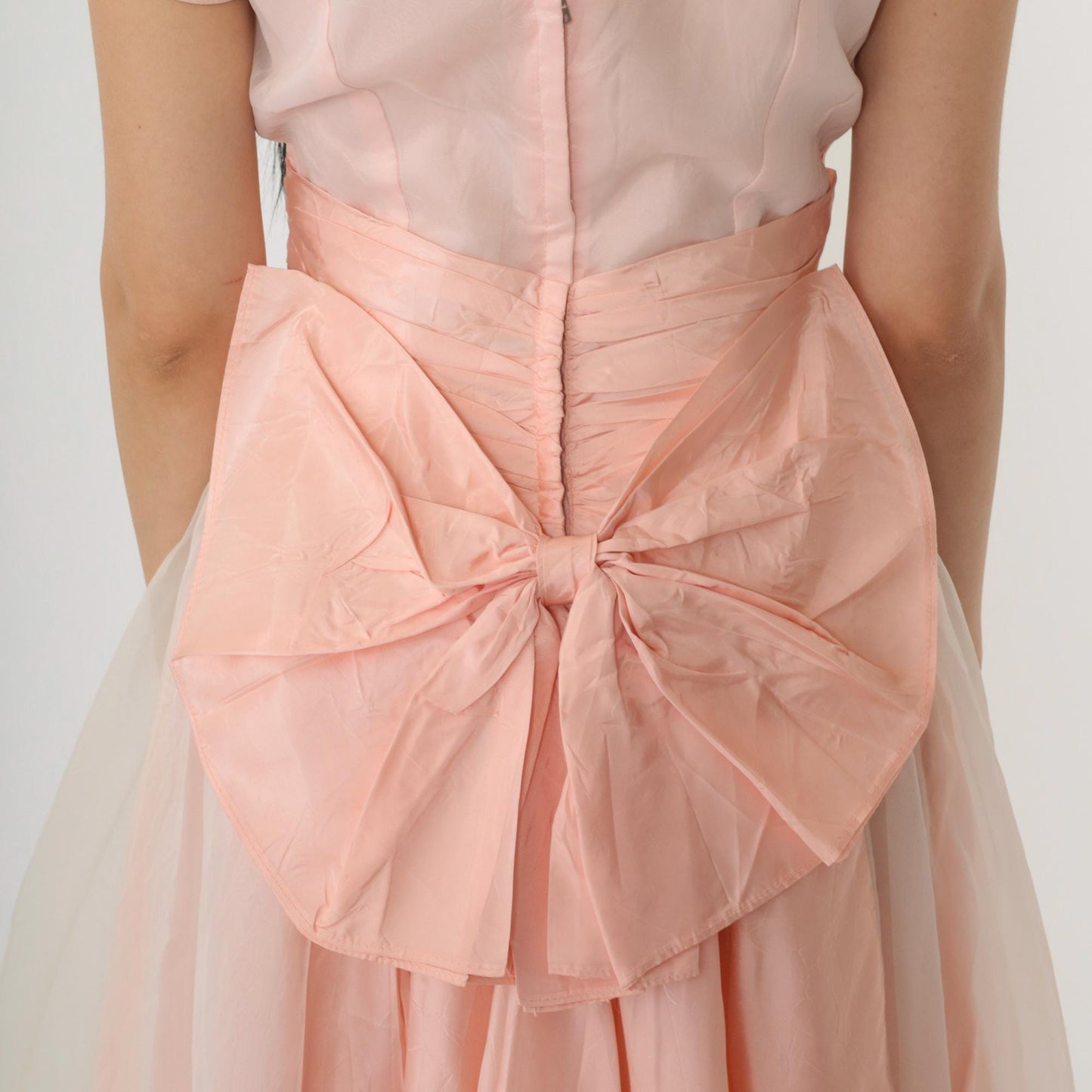 1950s Pink Taffeta Party Dress Chiffon Overlay Bow Back Knee Length Small
