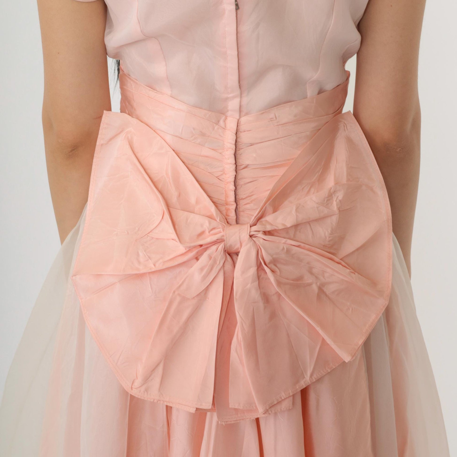 1950s Pink Taffeta Party Dress Chiffon Overlay Bow Back Knee Length Small