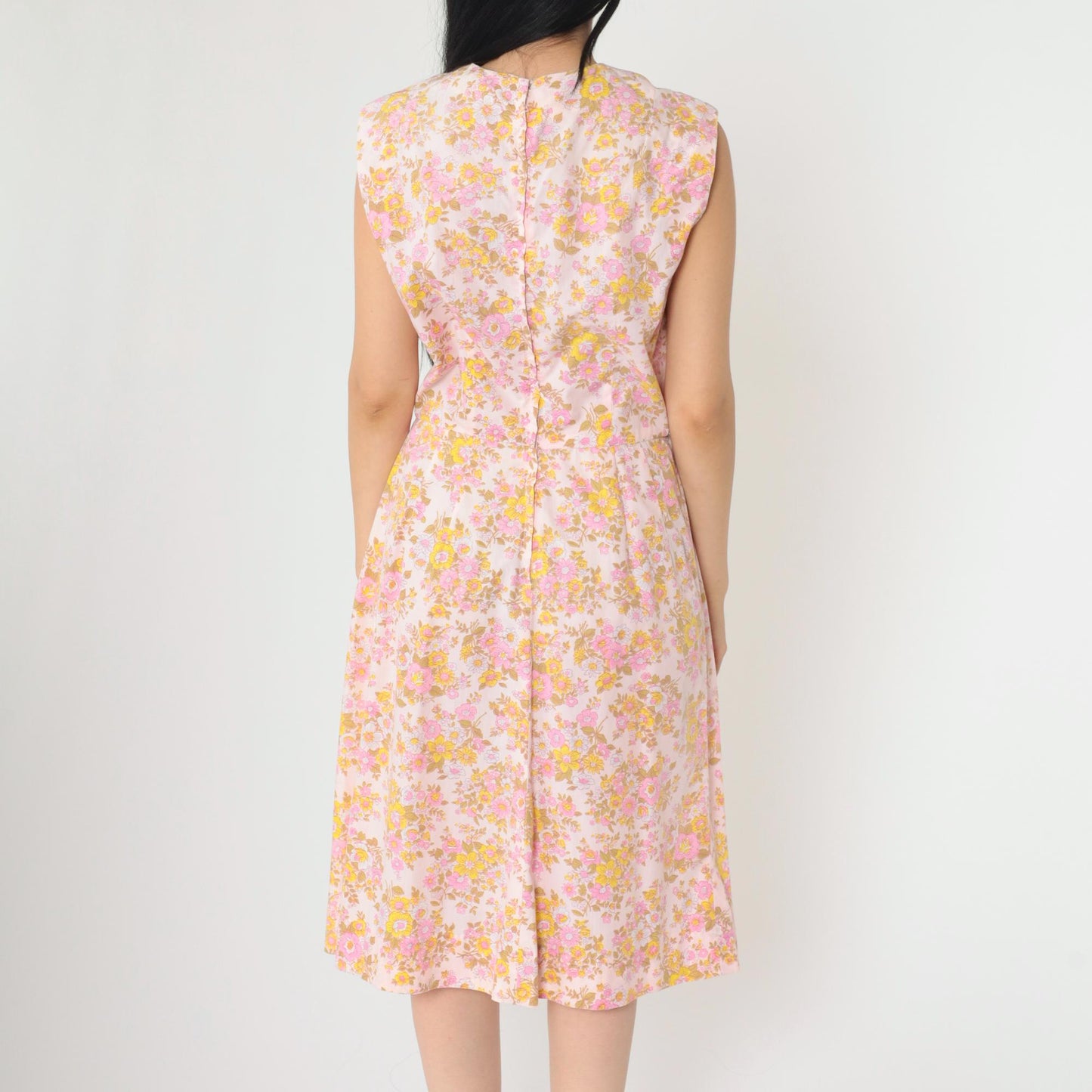 1960s Mod Floral Midi Dress Pink Yellow High Waist Sleeveless Medium
