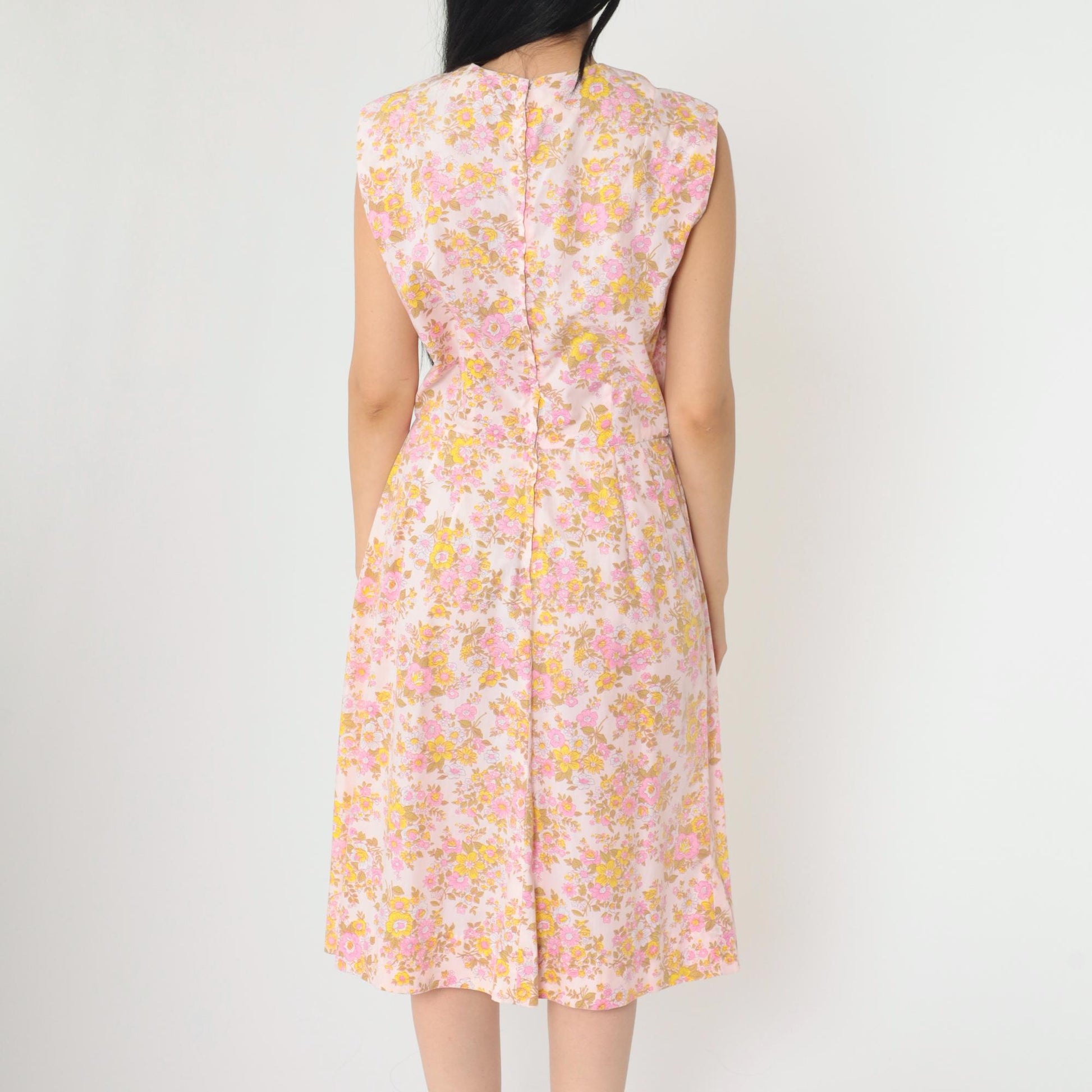 1960s Mod Floral Midi Dress Pink Yellow High Waist Sleeveless Medium