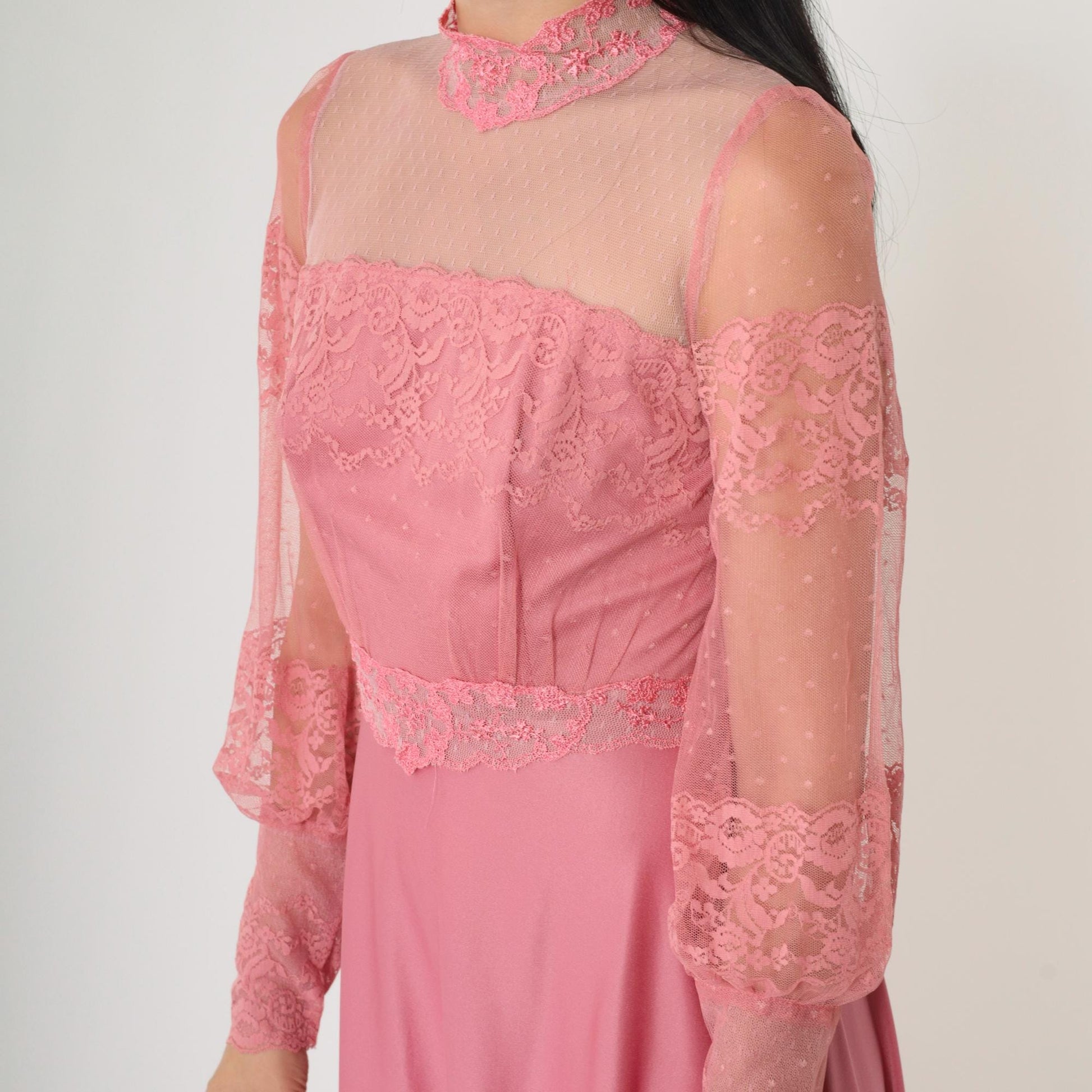 70s Pink Lace Maxi Dress High Neck Balloon Sleeve Small 4