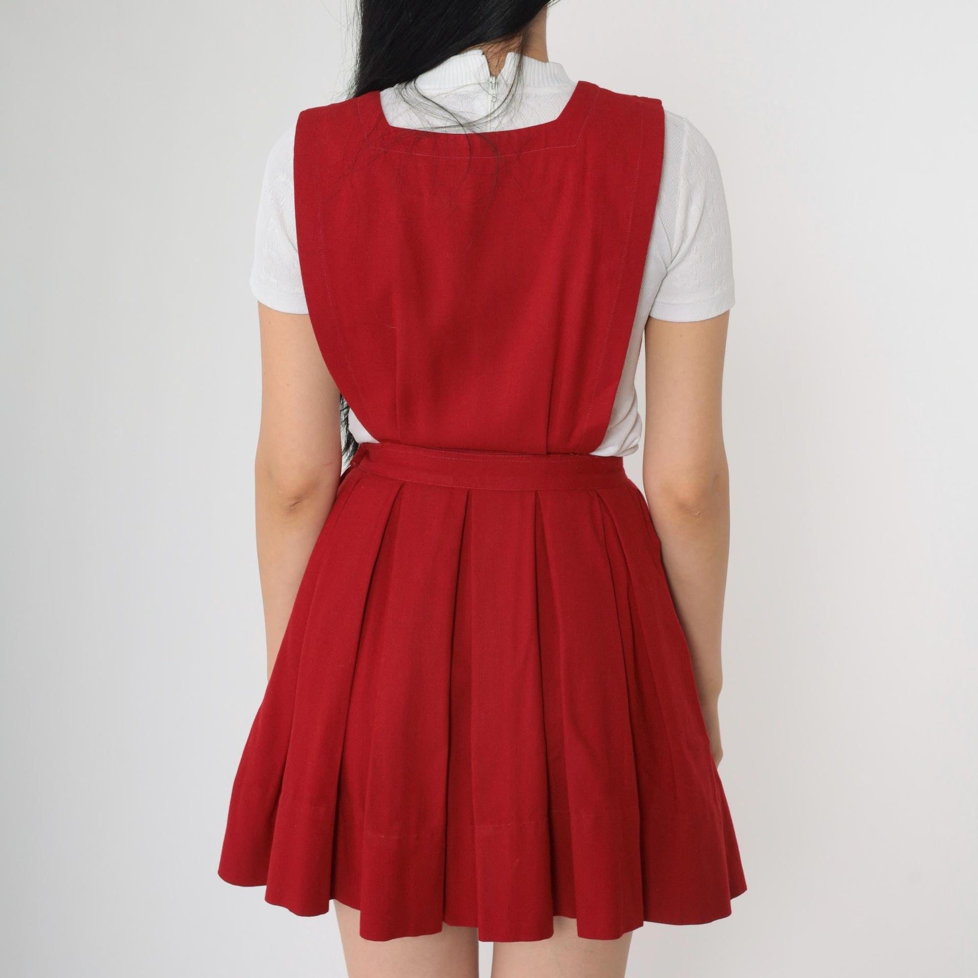 70s Red Pleated Mini Jumper Dress High Waist Pinafore Small