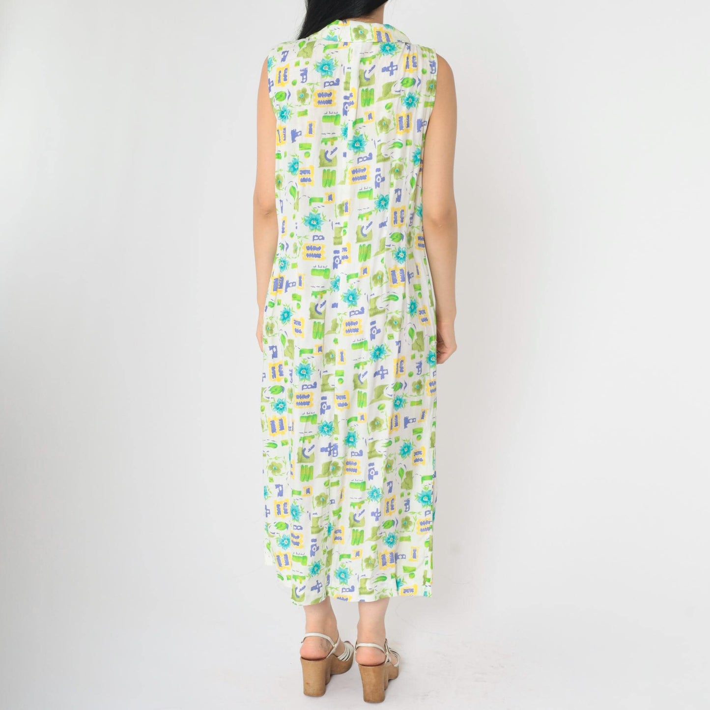 90s Floral Button-Up Dress White Green Blue Rayon Ankle Length Medium M