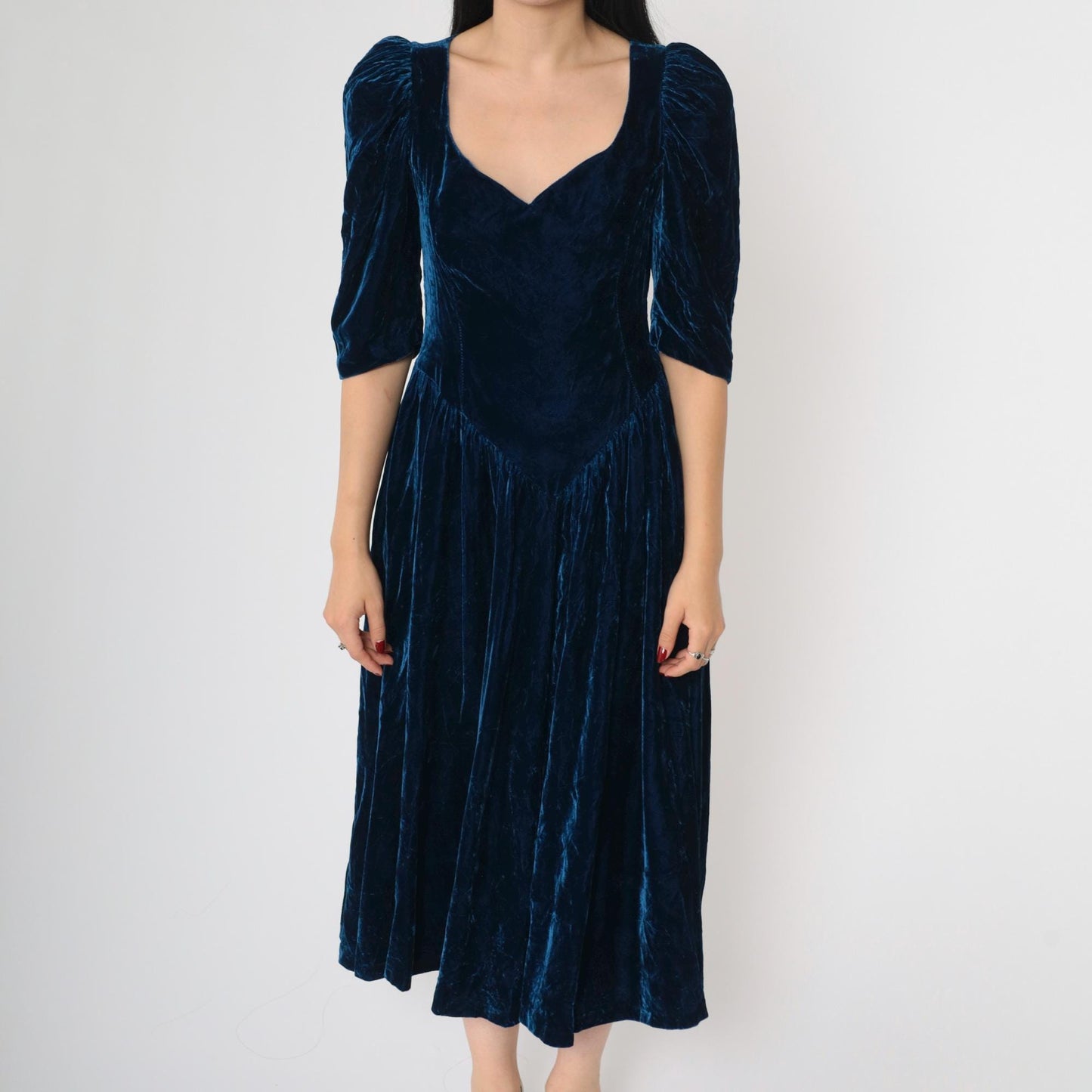 80s Blue Velvet Midi Dress Puff Sleeve Sweetheart Neckline Basque Waist Extra Small