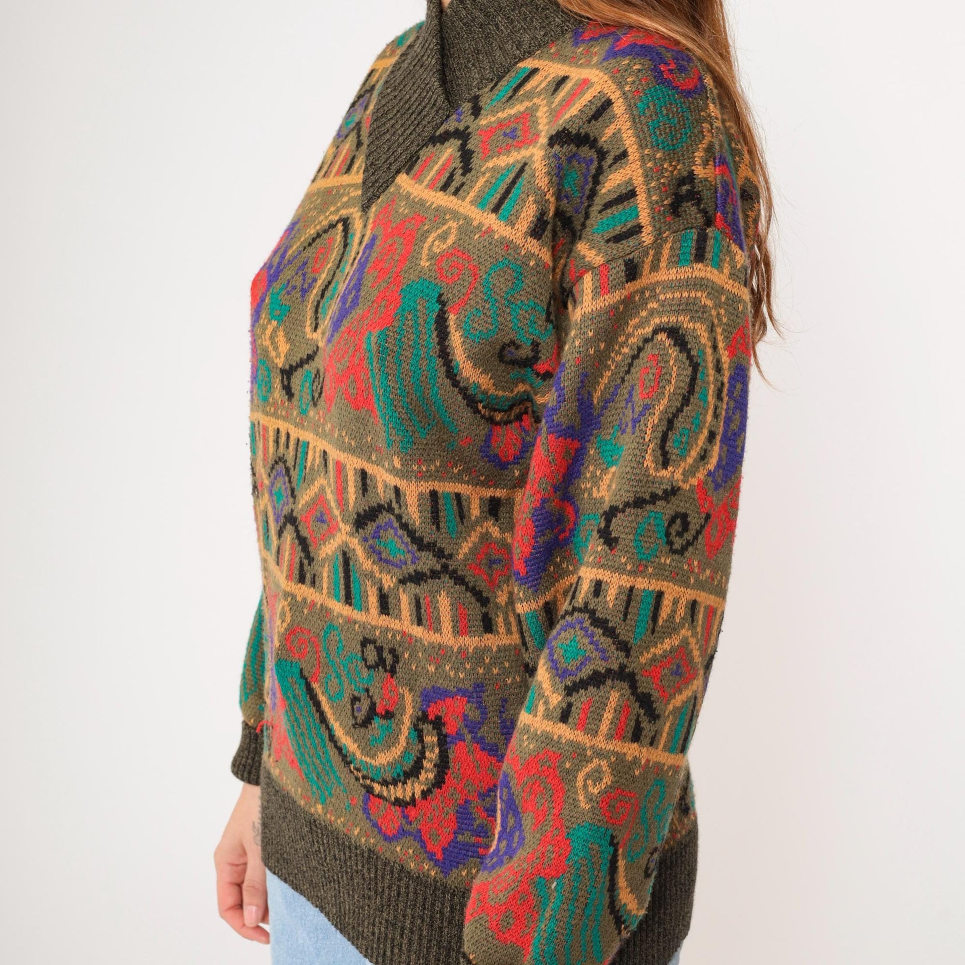 80s Meister Wool Blend Sweater Multicolor Paisley Shawl Collar Medium Large