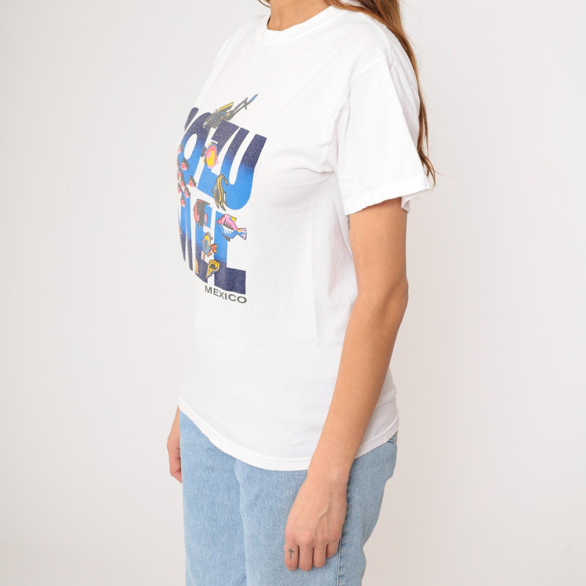 90s Cozumel Scuba Diving Tropical Fish Graphic T-Shirt White Cotton Small
