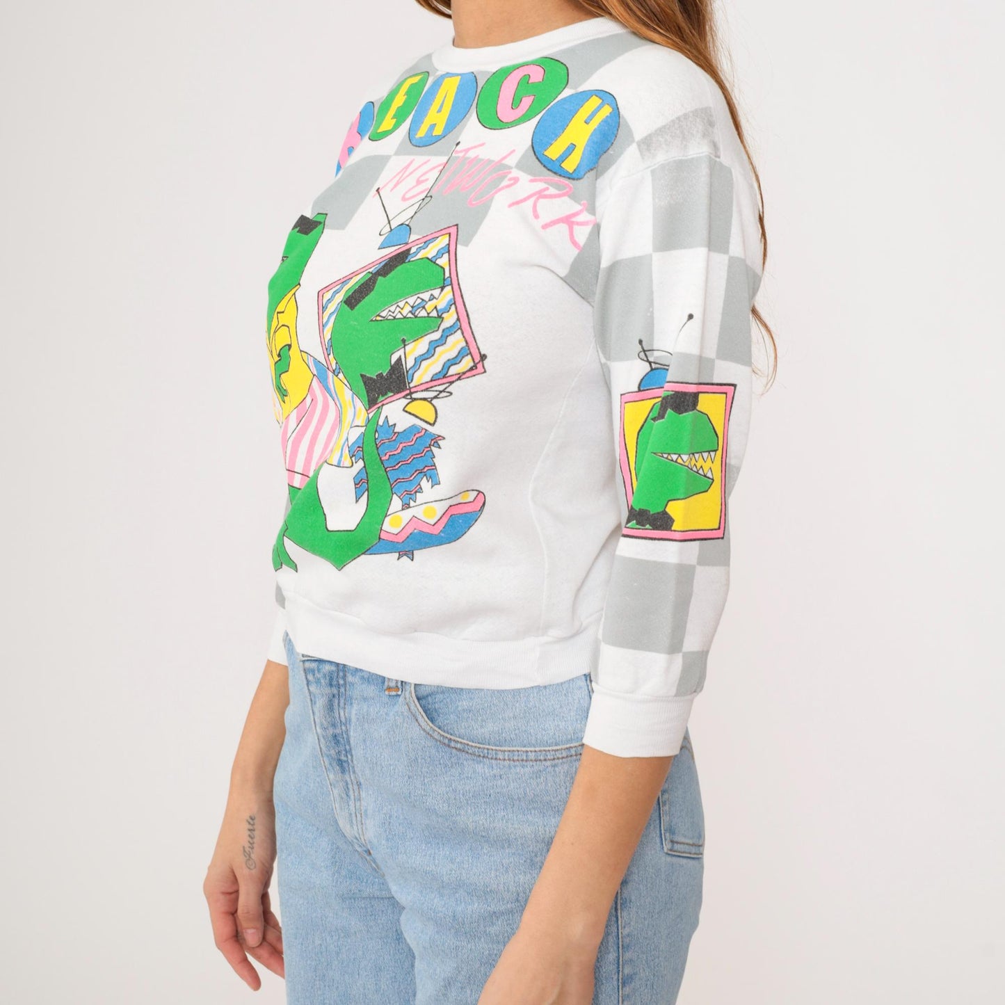 80s Beach Network Dinosaur T-Rex Sweatshirt Colorful All Over Print Extra Small
