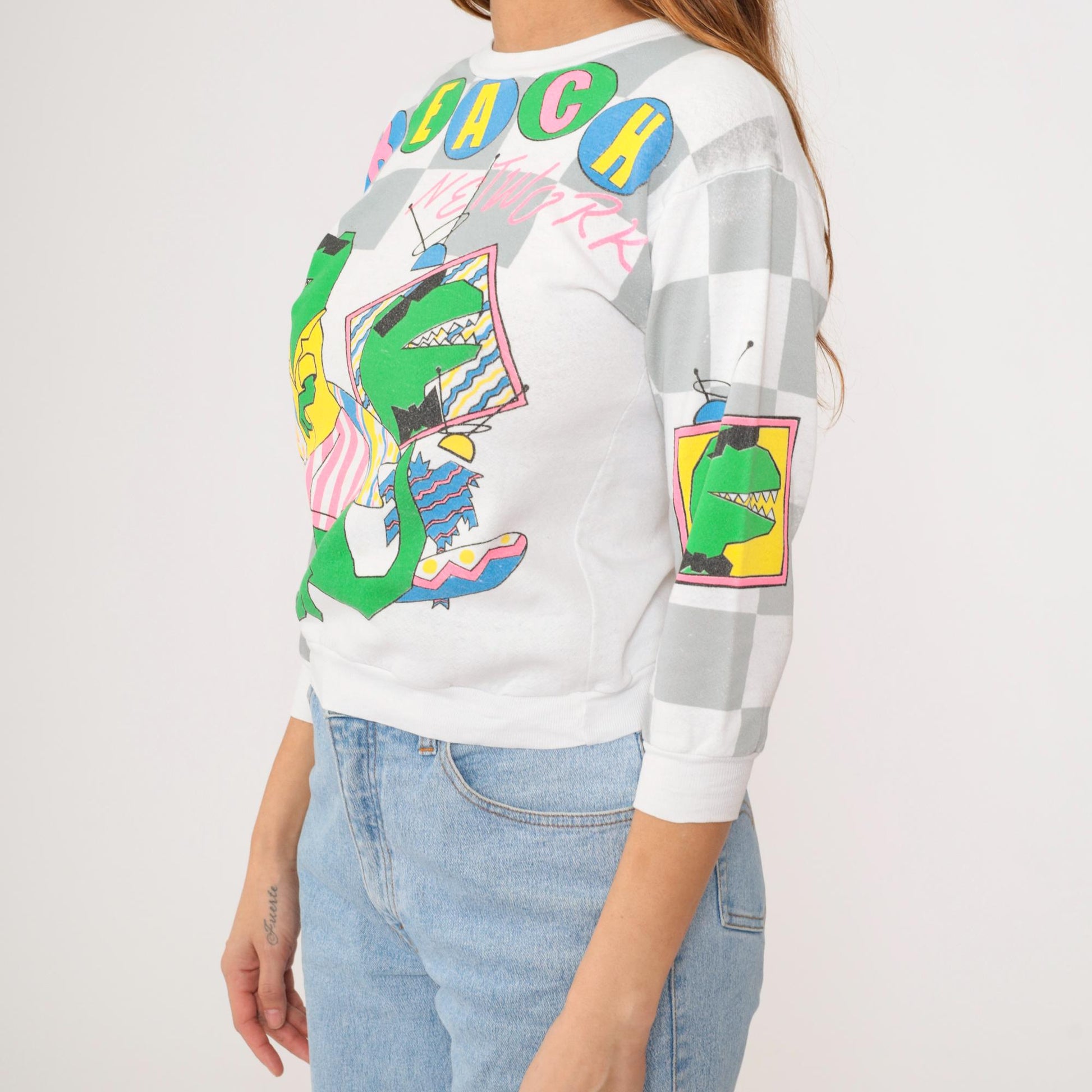 80s Beach Network Dinosaur T-Rex Sweatshirt Colorful All Over Print Extra Small