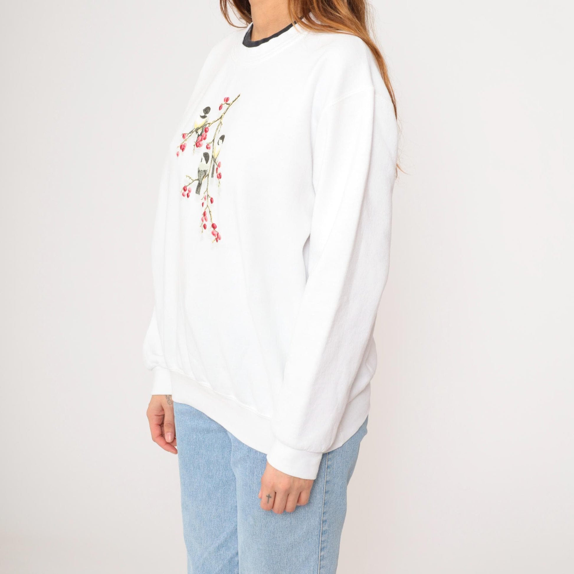 90s Chickadee Bird Sweatshirt White Double Collar Graphic Crewneck Large L