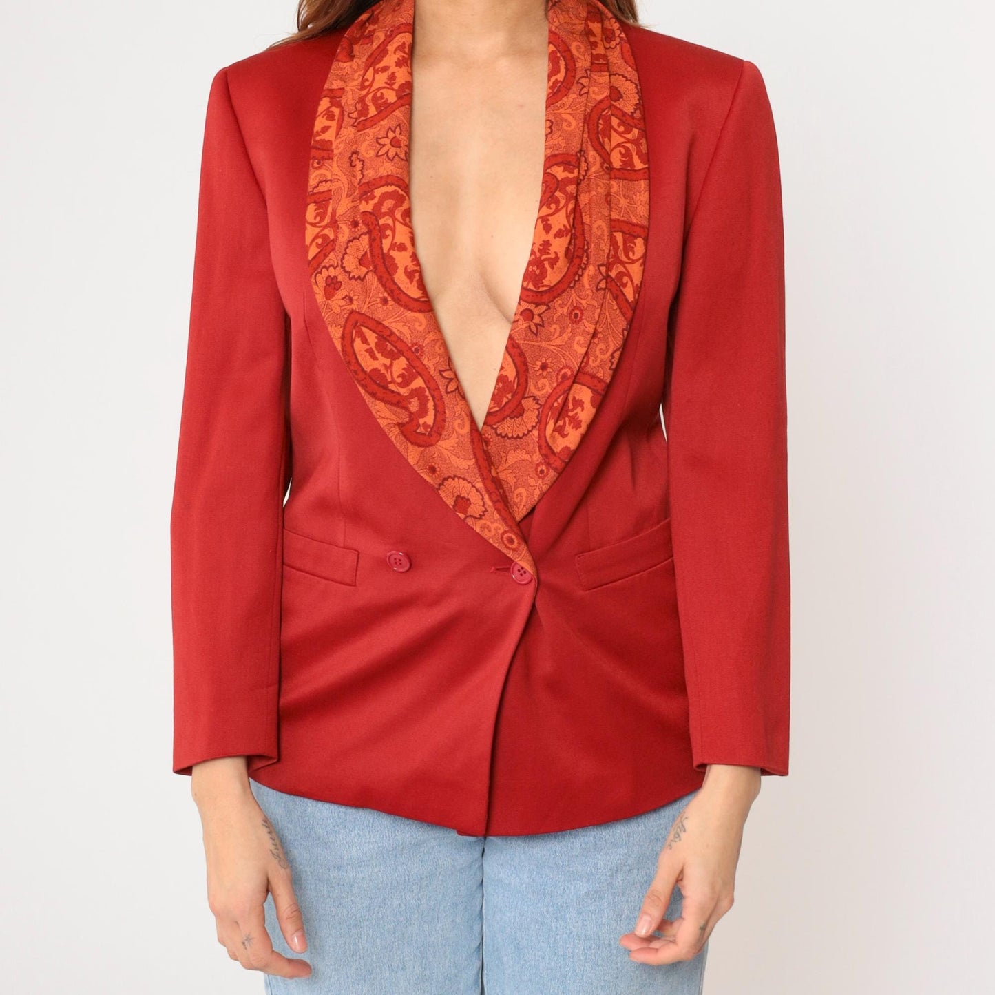 90s Byblos Red Wool Blazer Paisley Shawl Collar Double Breasted Small