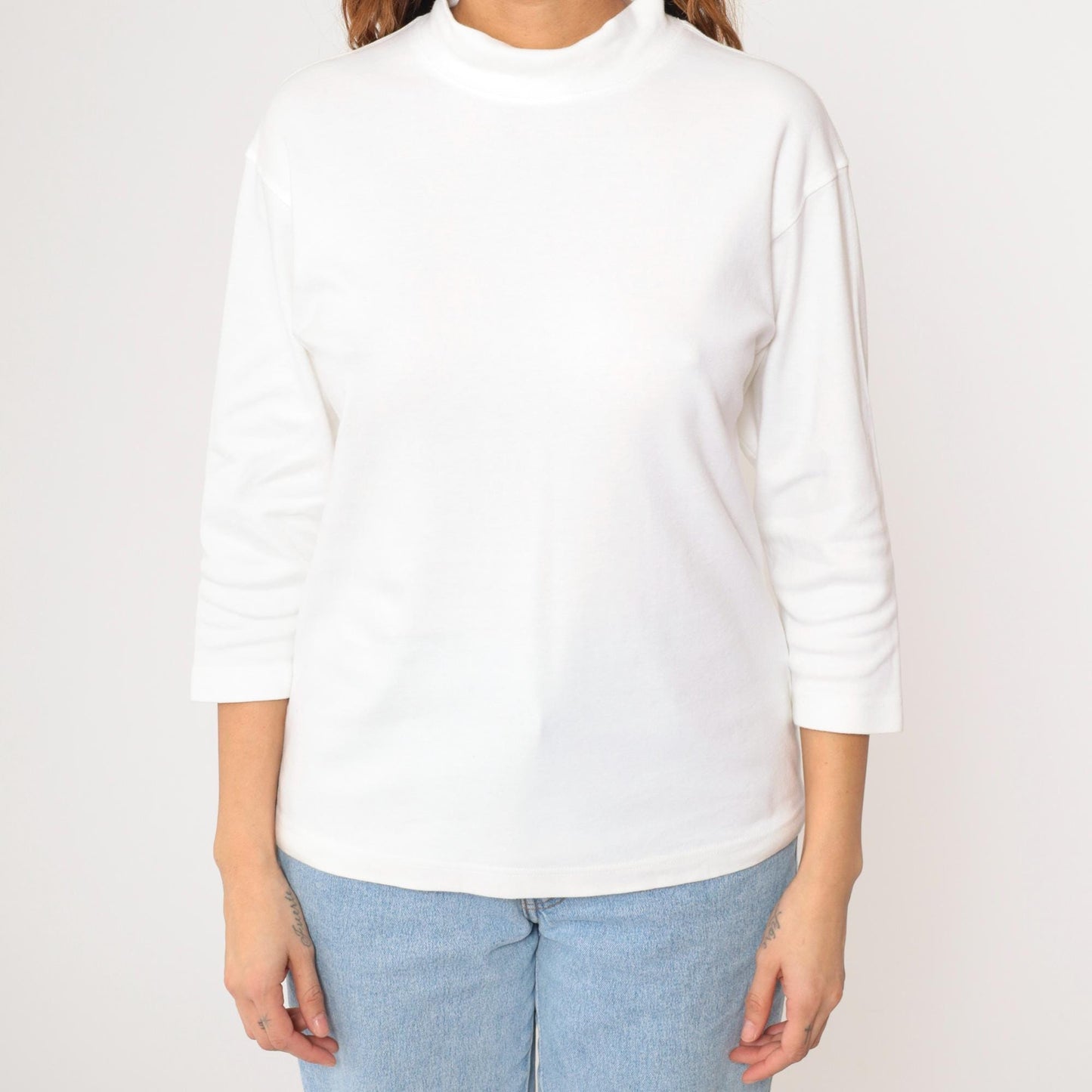 90s Norm Thompson White Mock Neck 3/4 Sleeve T-Shirt Small S