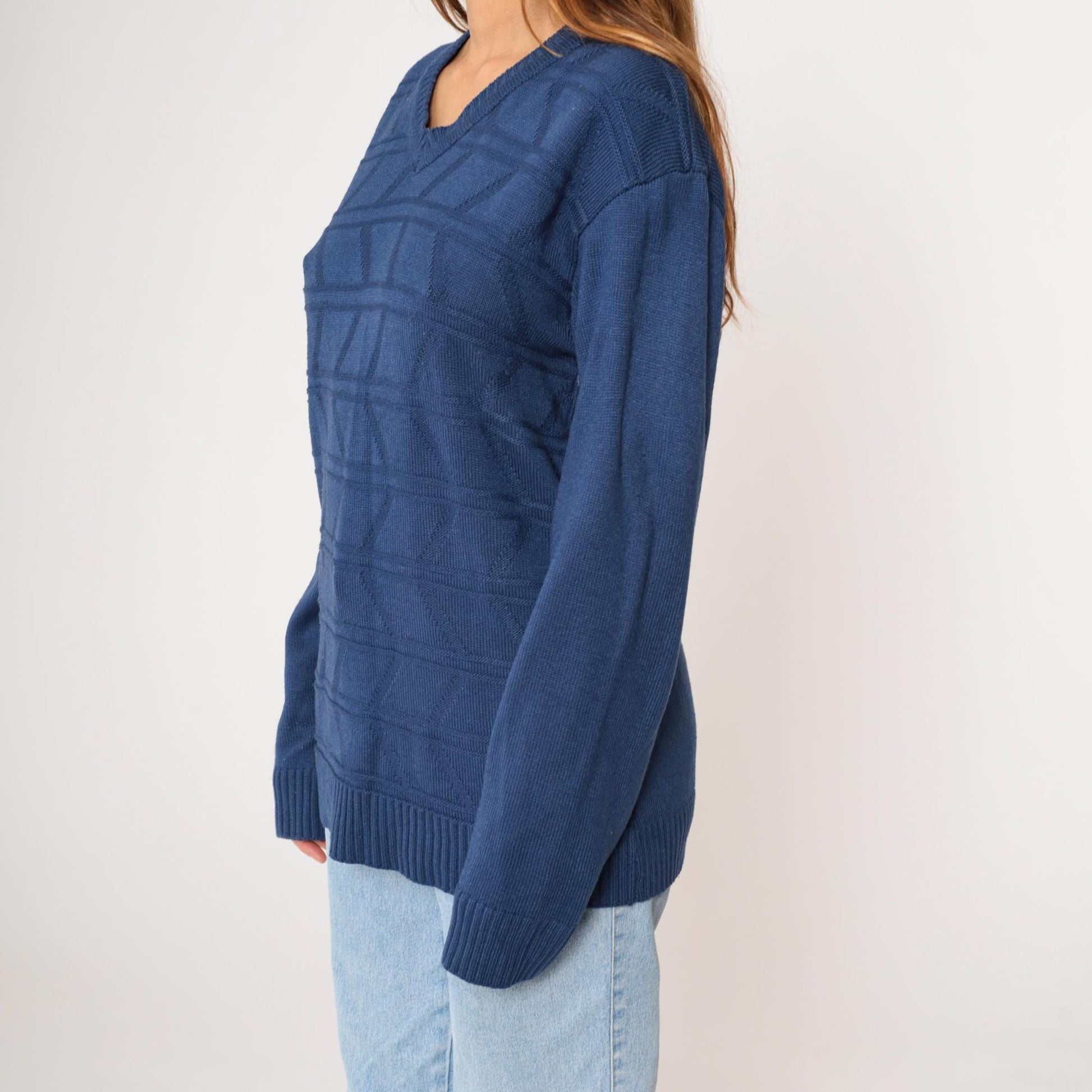 80s Dark Blue Geometric Knit V-Neck Pullover Sweater Tricot Medium M