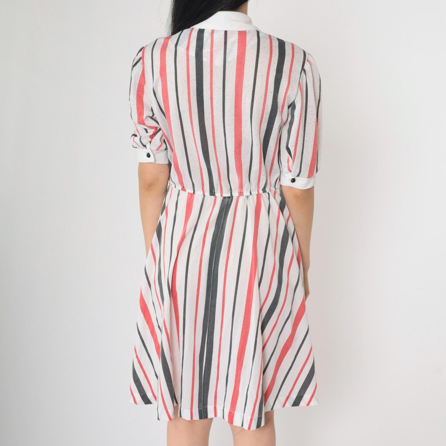 80s Striped Puff Sleeve Dress White Red Black Knee Length Button Up Medium