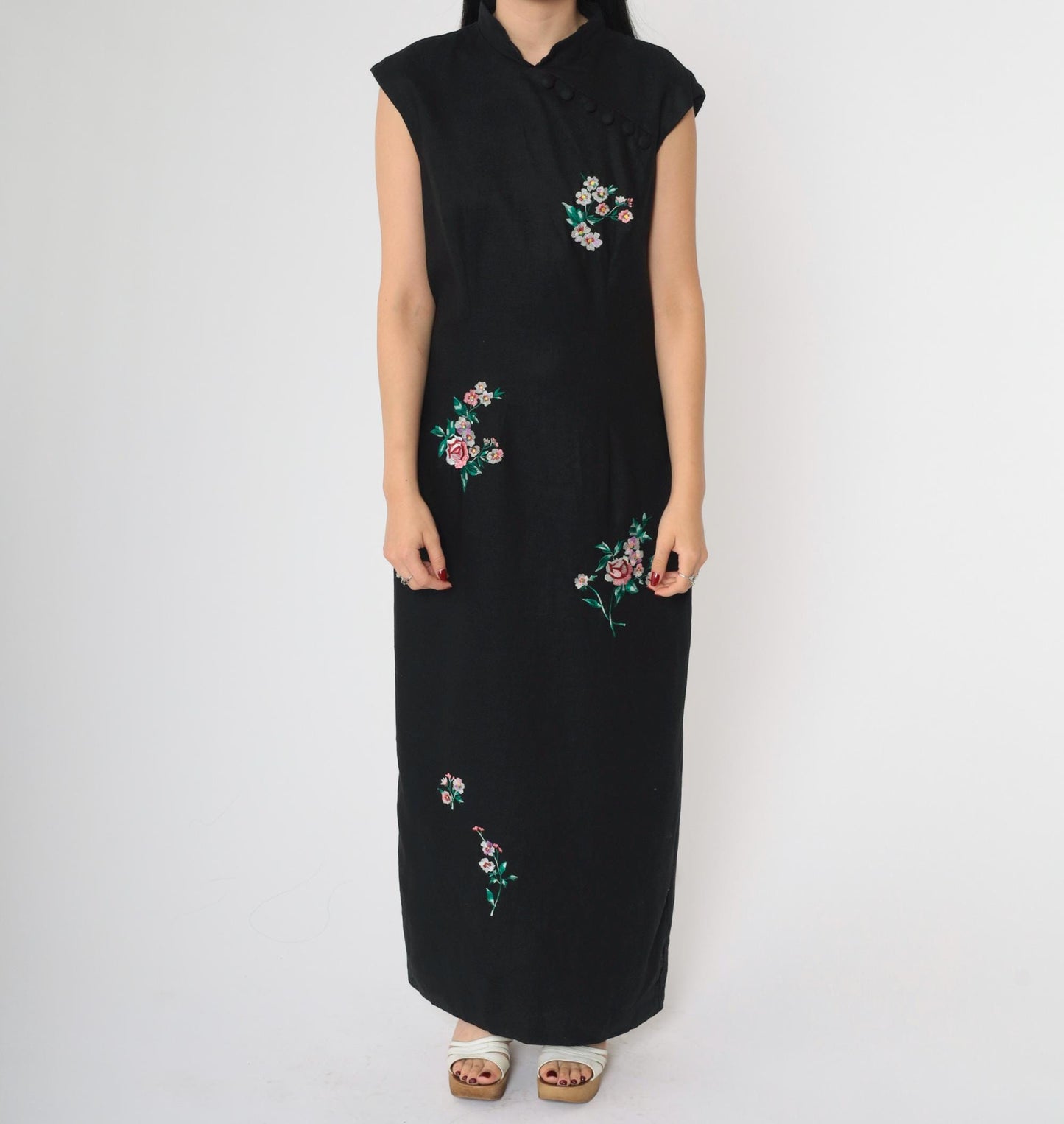 90s Dress Barn Cheongsam Maxi Black Floral Embroidered Mandarin Collar Medium 8