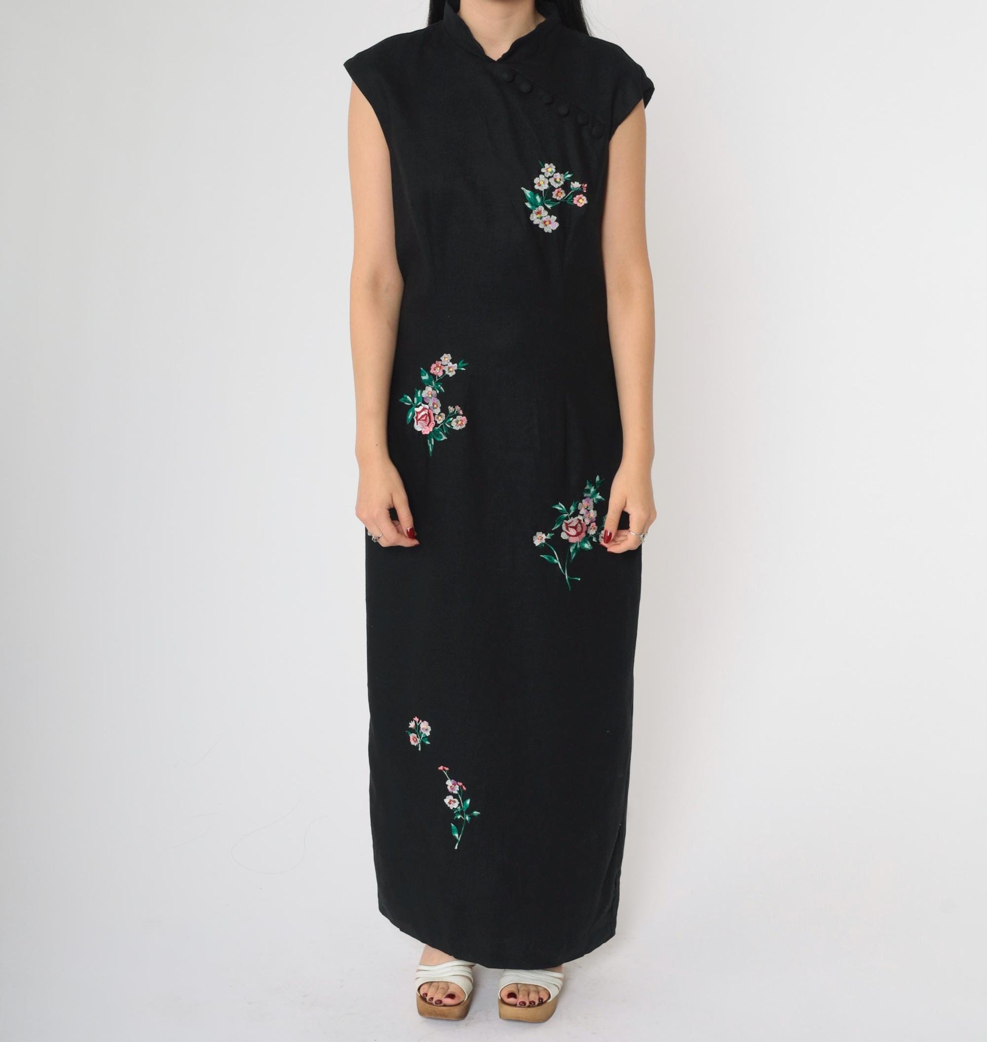 90s Dress Barn Cheongsam Maxi Black Floral Embroidered Mandarin Collar Medium 8