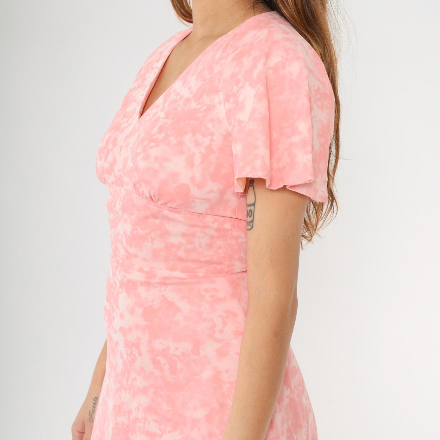 60s Pink Tie Dye Babydoll Mini Dress Flutter Sleeve Empire Waist Small