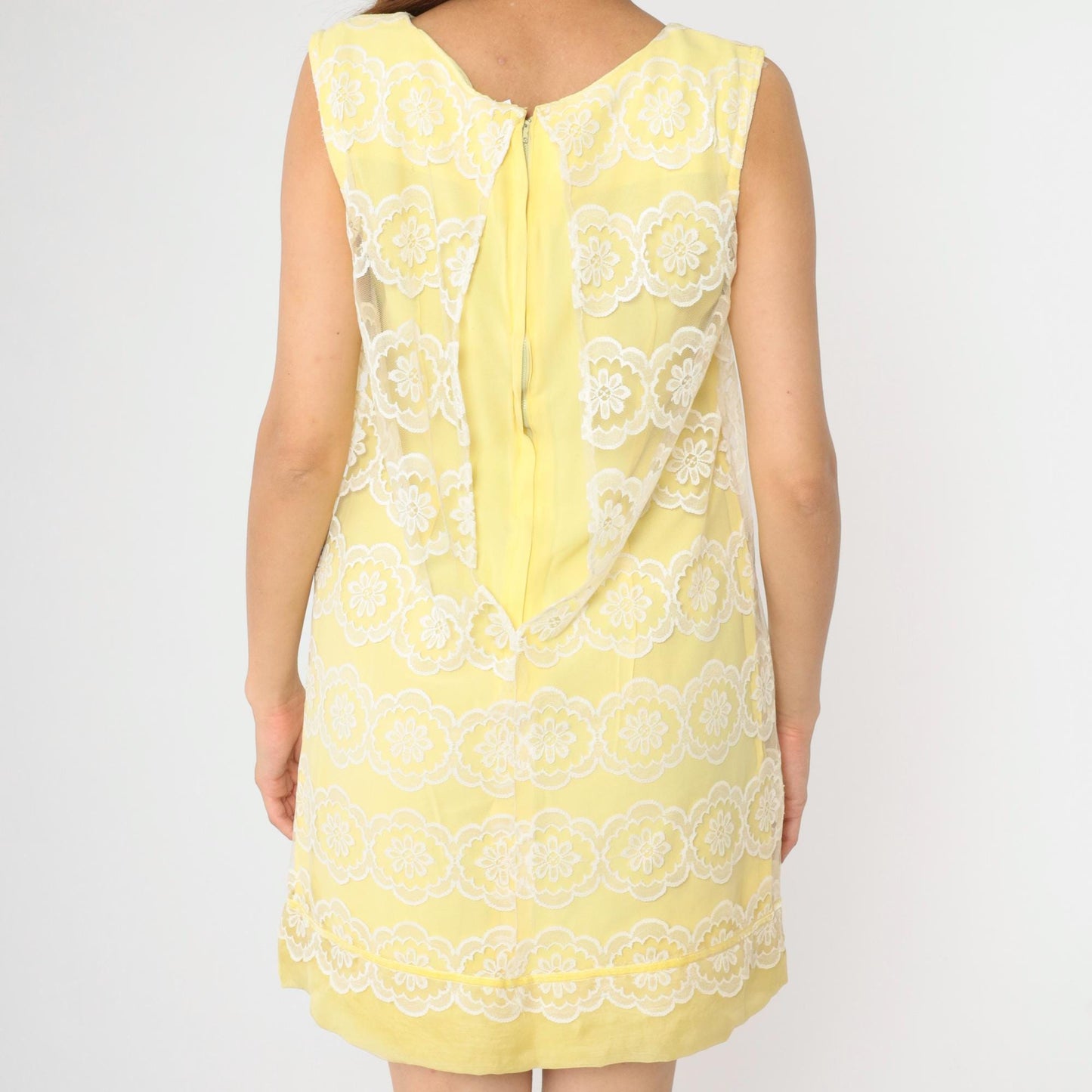 60s Yellow Lace Shift Mini Dress White Floral Overlay Sleeveless Small