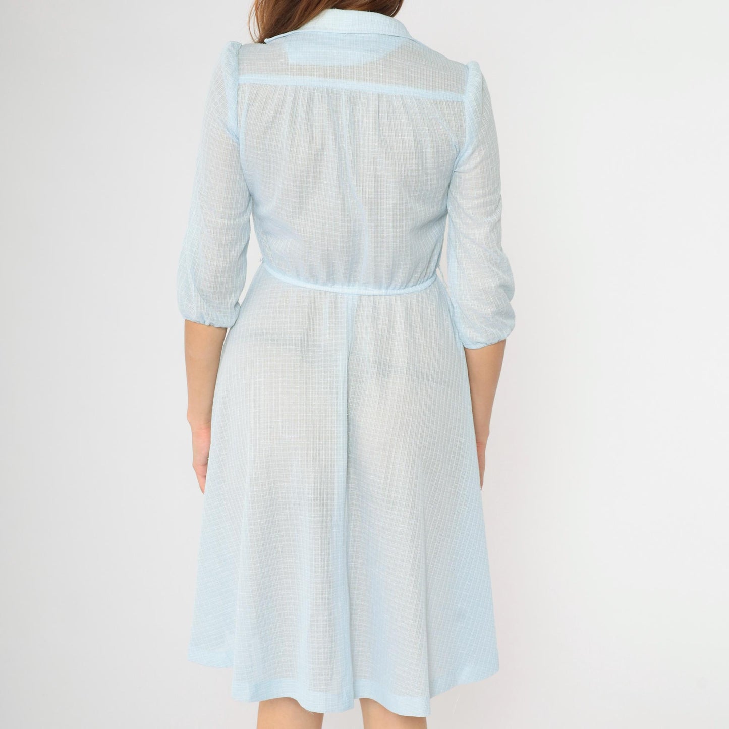 70s Light Blue Sheer Midi Dress Puff Sleeve Button Front Grid Pattern Small