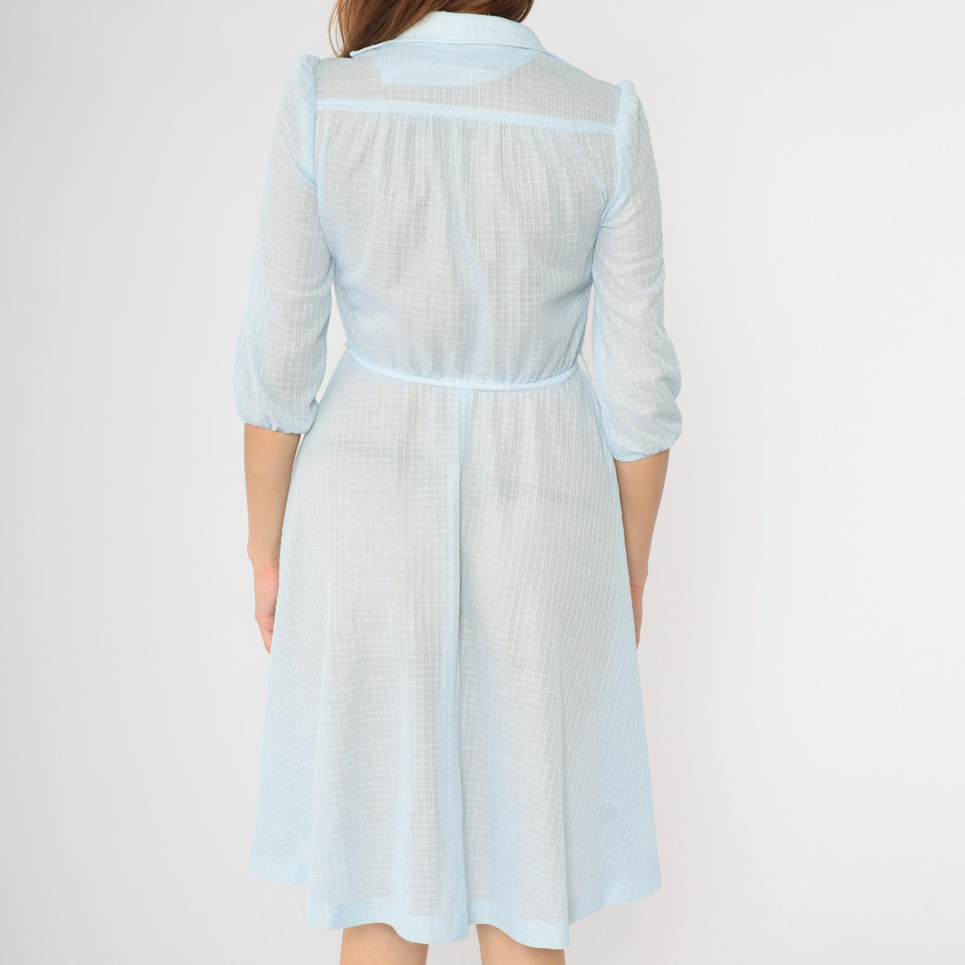 70s Light Blue Sheer Midi Dress Puff Sleeve Button Front Grid Pattern Small