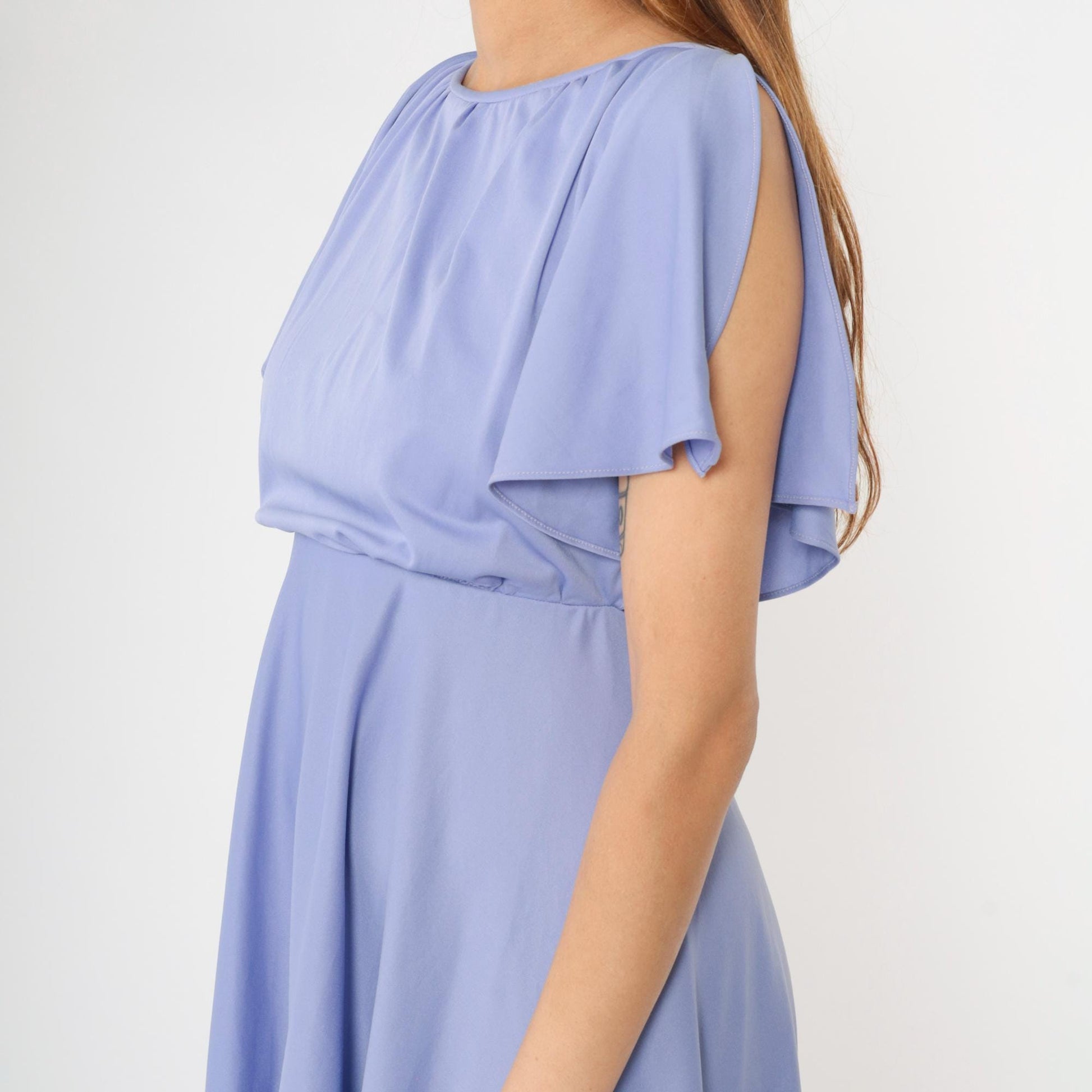 70s Lavender Disco Midi Dress High Elastic Waist Flutter Sleeve Small