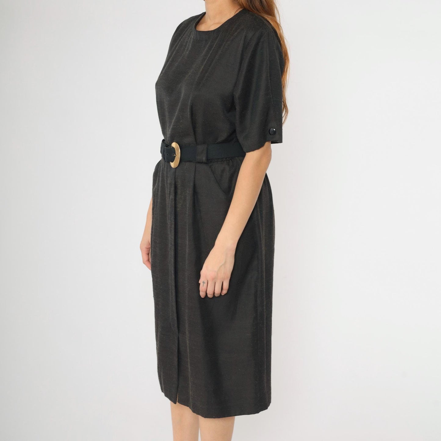 80s Black Midi Dress Button Back High Waist Belt Gold Buckle Medium Petite