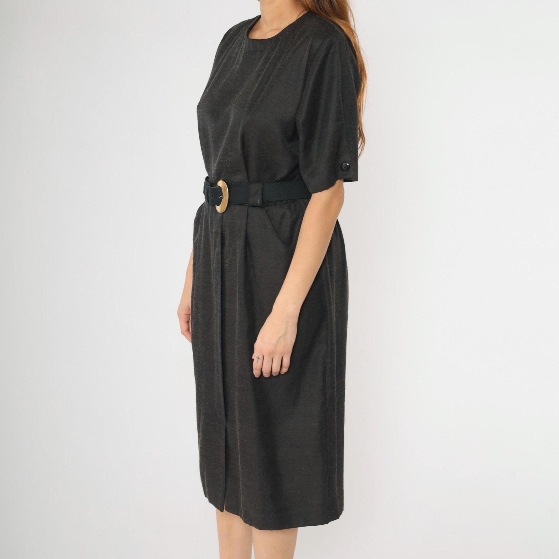 80s Black Midi Dress Button Back High Waist Belt Gold Buckle Medium Petite
